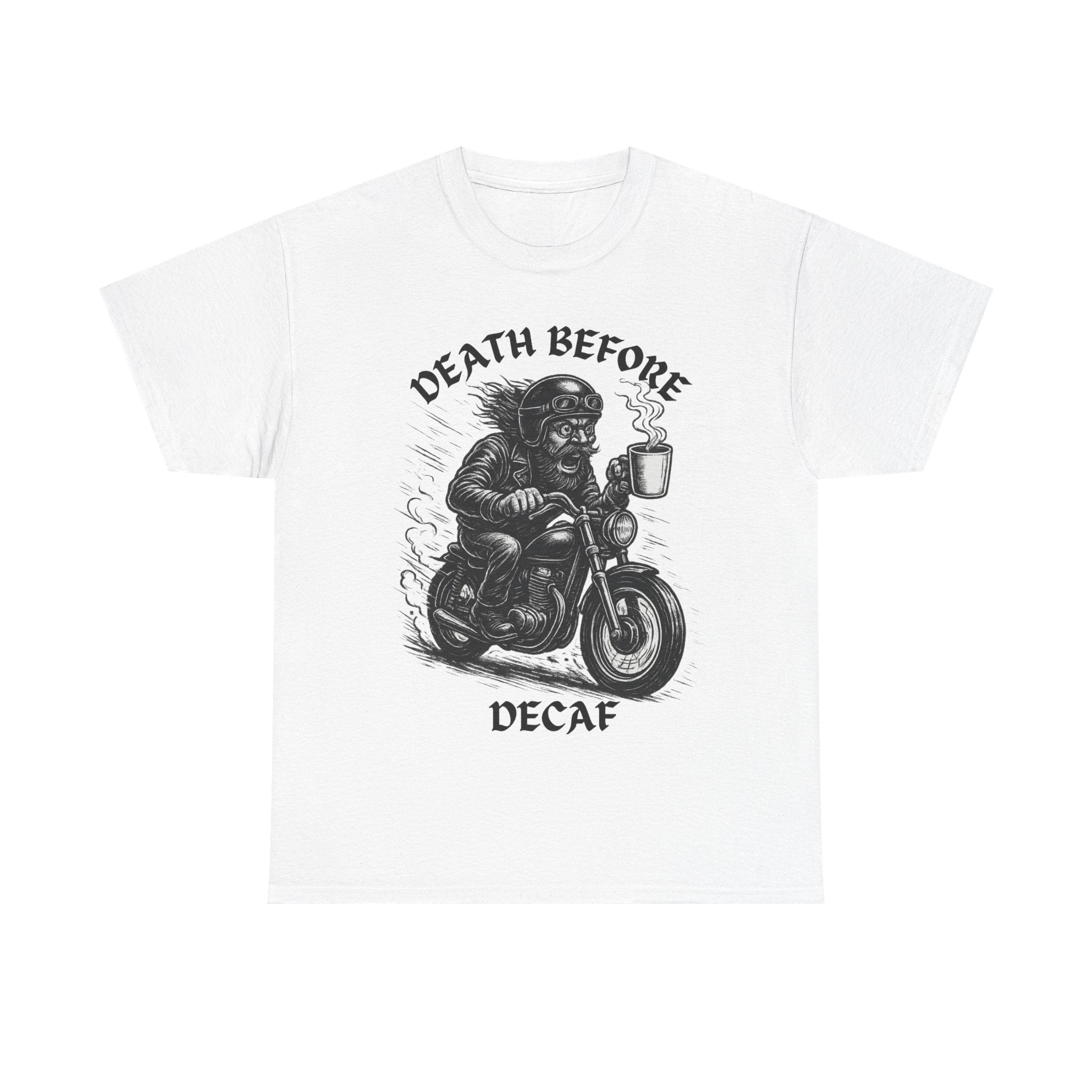 Unisex Heavy Cotton Tee - Death Before Decaf, Coffee Lover Shirt, Biker Tee, Unique Gift, Motorcycle Enthusiast Apparel