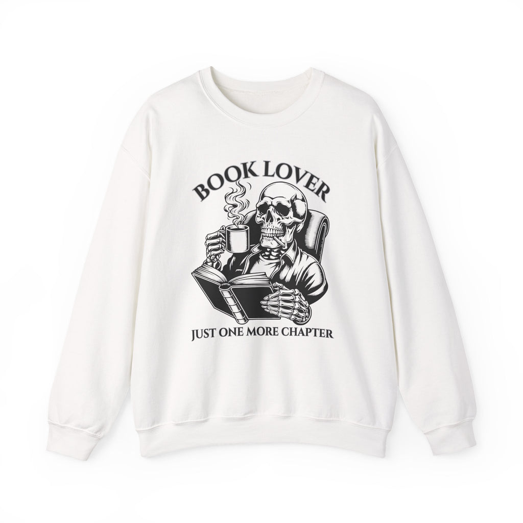 Book Lover Sweatshirt — 'Just One More Chapter' Skull Reading Crewneck