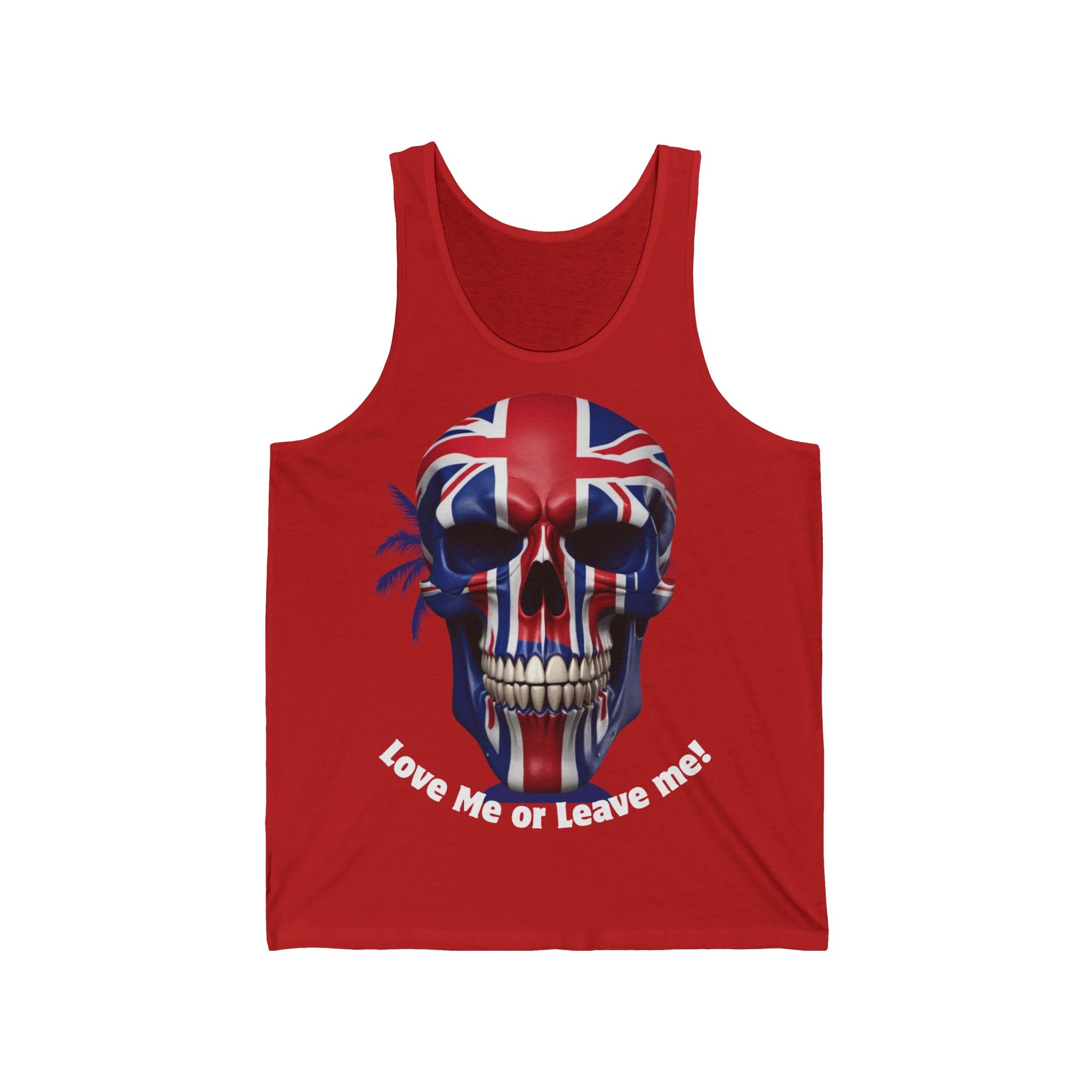 Union Jack Skull Unisex Jersey Tank - Love Me or Leave Me, Festival Top, Summer Wear, Music Event Shirt, Edgy Fashion