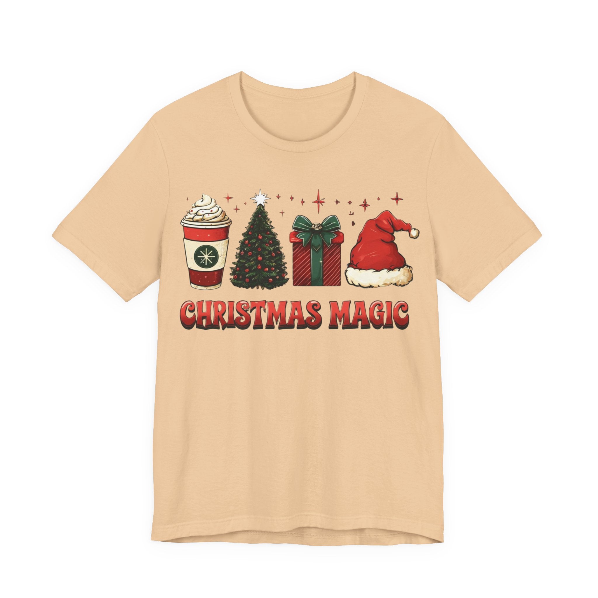 Christmas Magic Tee — Holiday Coffee, Tree & Santa Hat Graphic Shirt