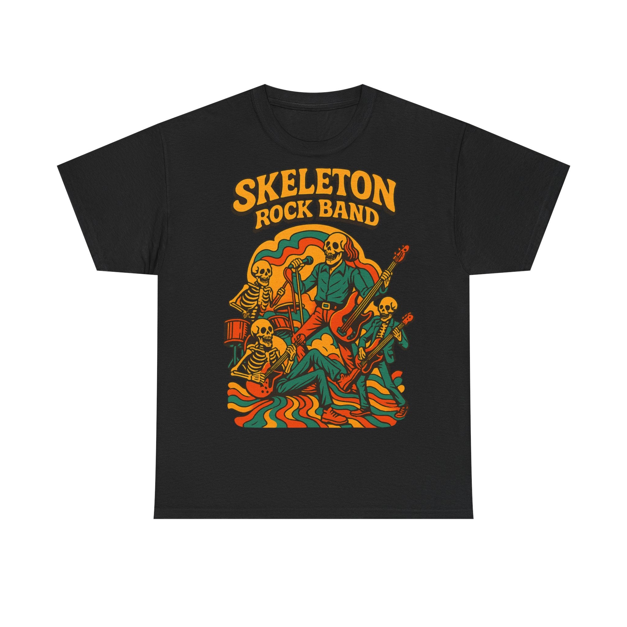 Retro Skeleton Rock Band Tee, Unisex Heavy Cotton Shirt, Halloween Costume, Music Lover Gift, Fun Graphic T-Shirt, Vintage Style Tee