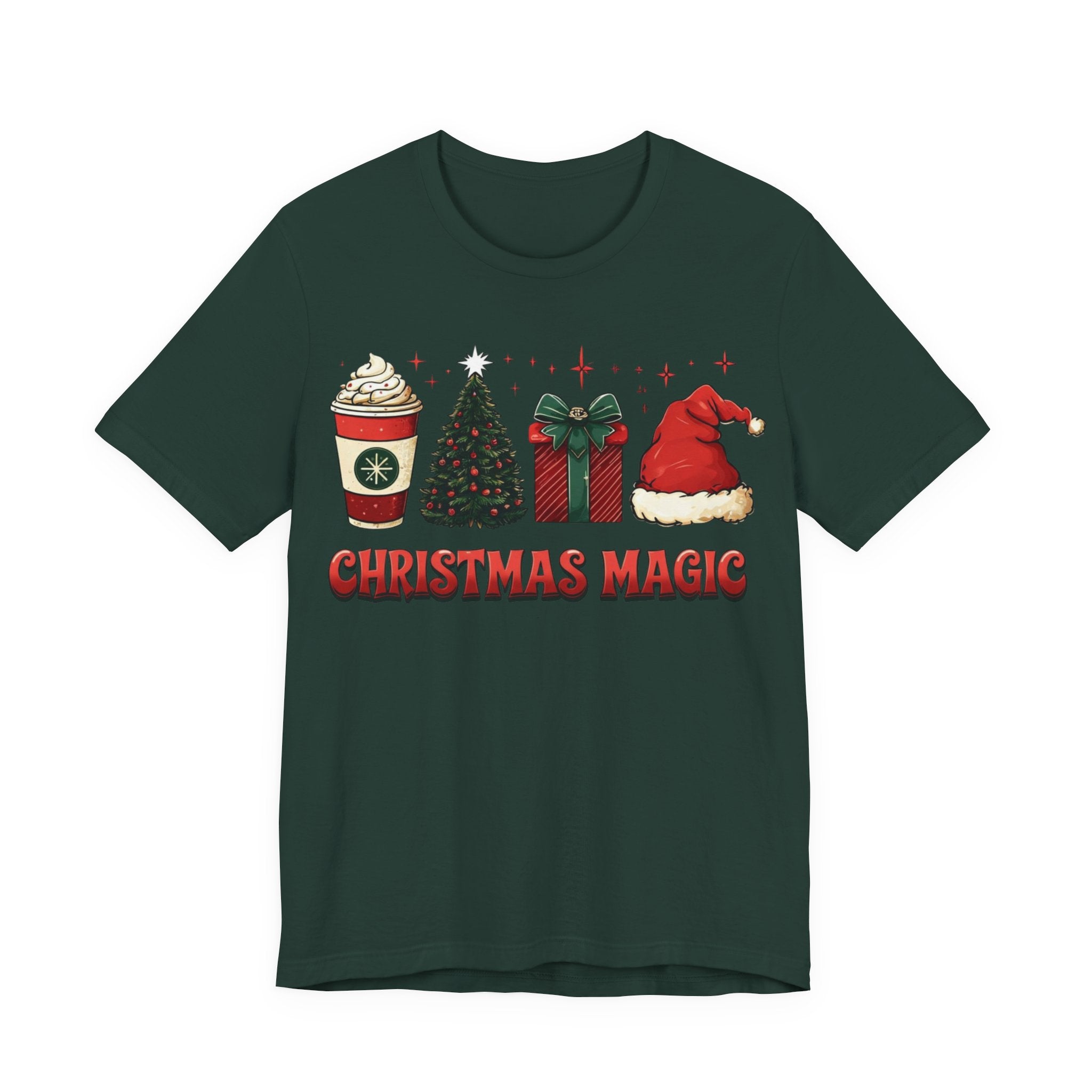 Christmas Magic Tee — Holiday Coffee, Tree & Santa Hat Graphic Shirt
