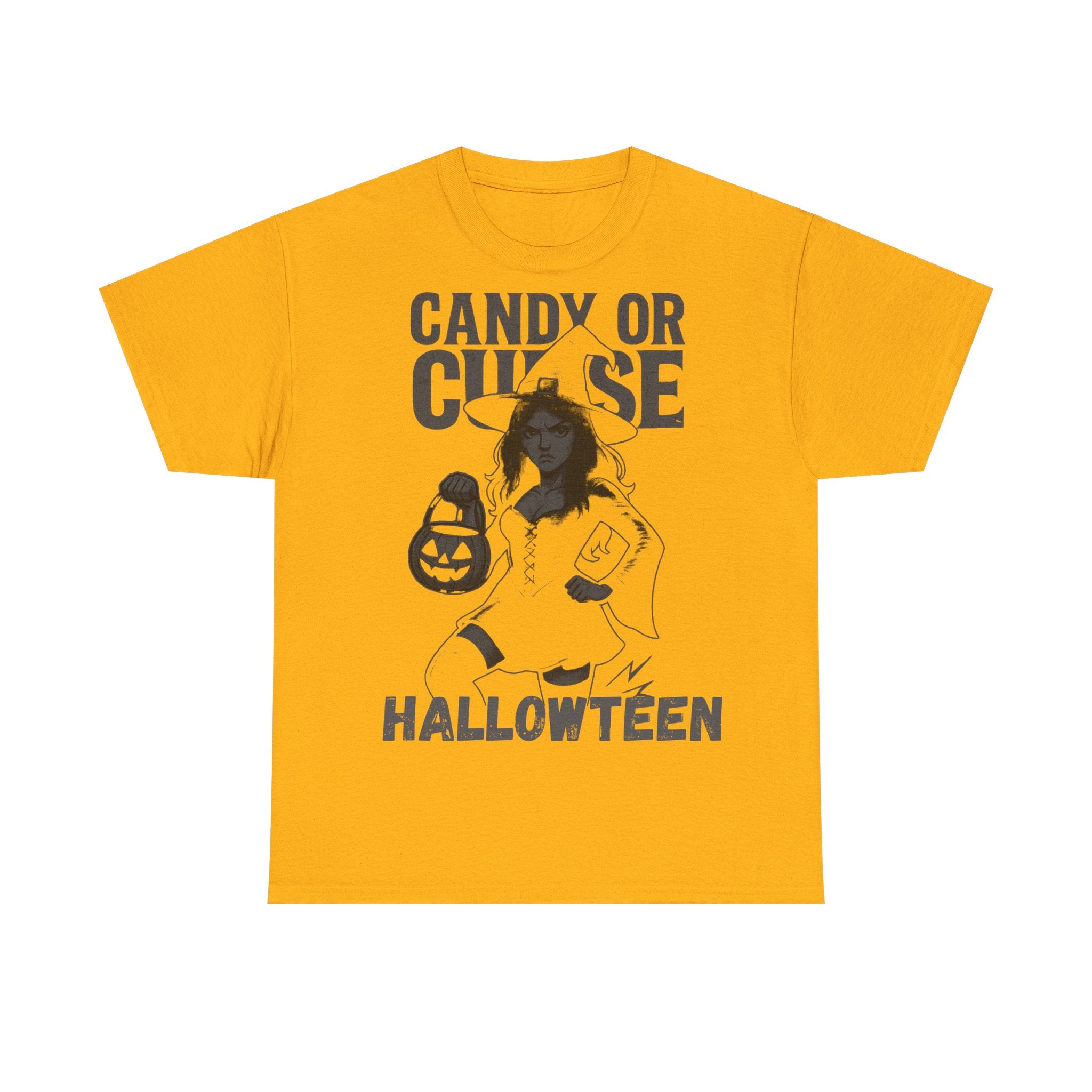 Halloween Unisex Heavy Cotton Tee, Cute Witch Shirt, Candy or Curse Tee, Spooky Season Apparel, Fall Festive Clothing