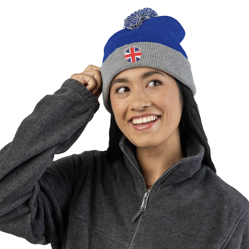 British Union Jack Love me or Leave me Cozy Pom-Pom Knit Cap for Winter Days, Embroidered Beanie, Unisex Winter Hat, Gift for Him/Her, Stylish Cold Weather Accessory