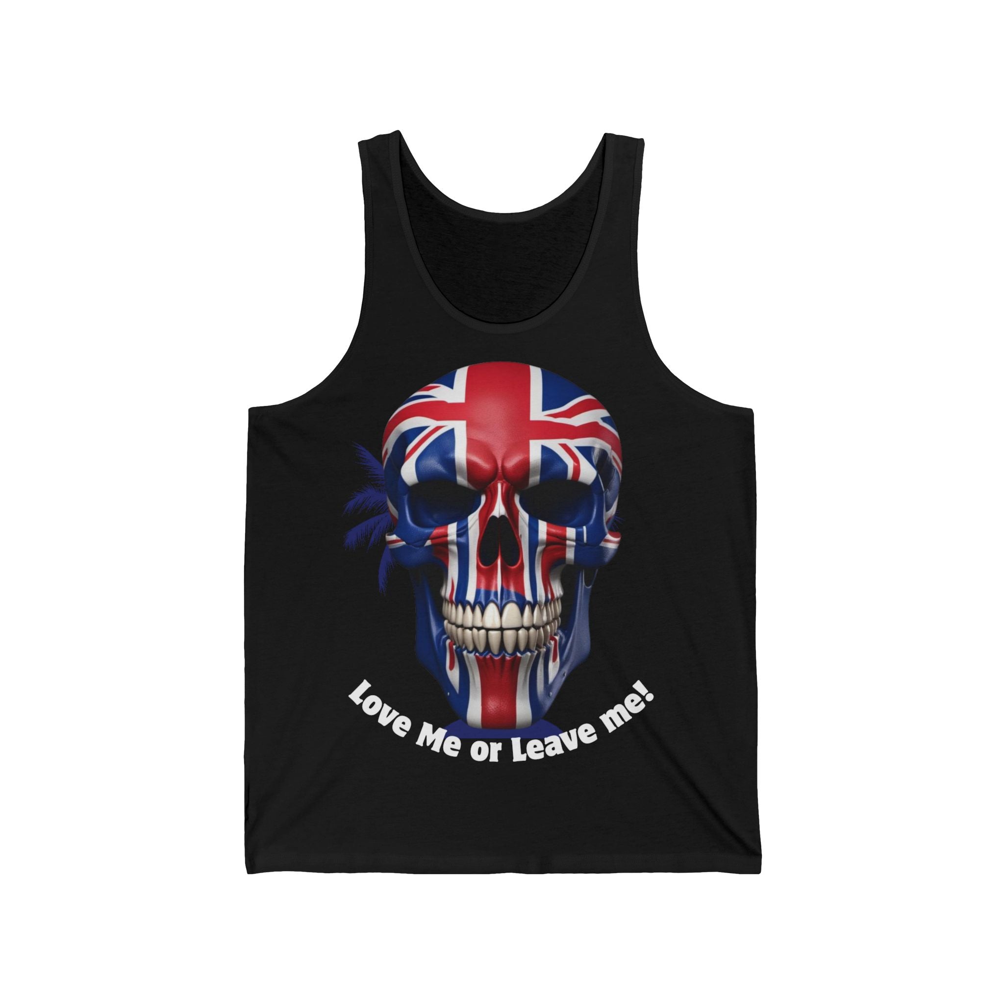 Union Jack Skull Unisex Jersey Tank - Love Me or Leave Me, Festival Top, Summer Wear, Music Event Shirt, Edgy Fashion