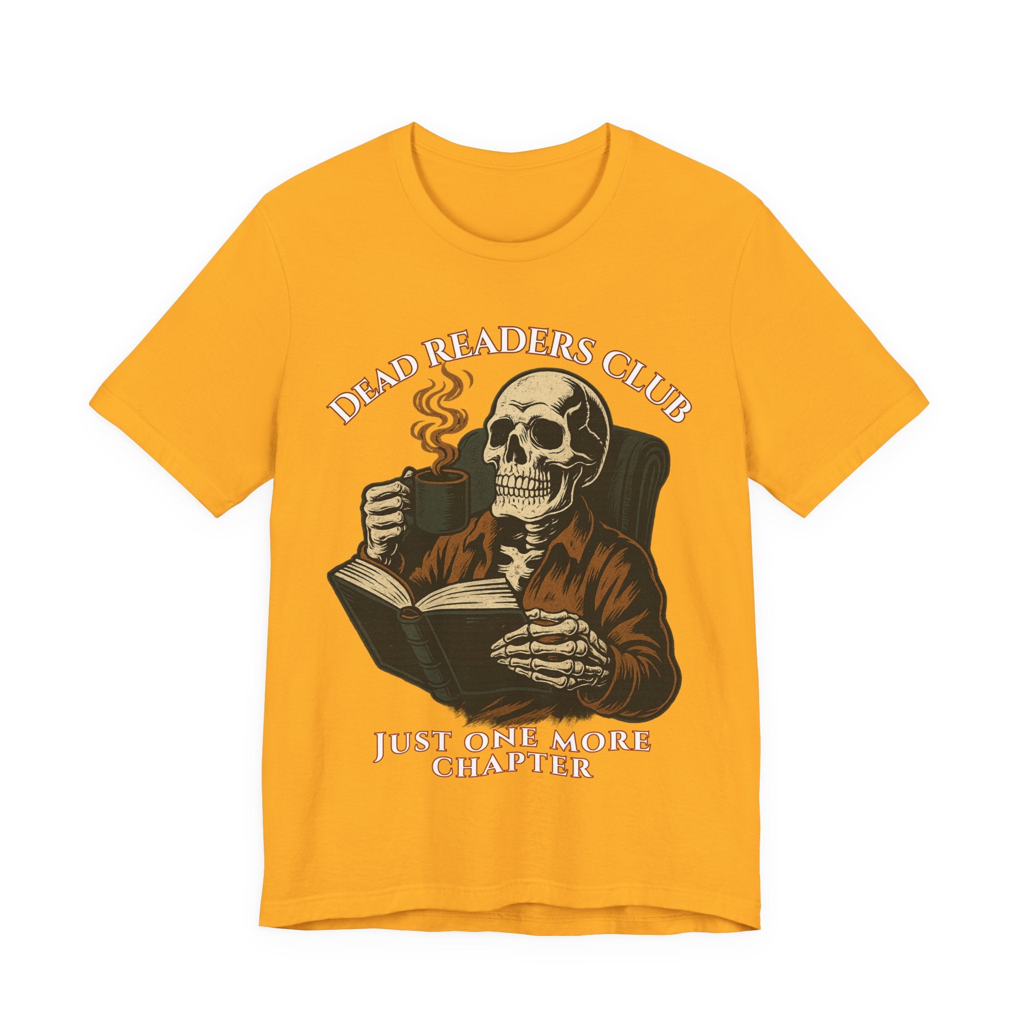 Dead Readers Club T-Shirt — 'Just One More Chapter' Skeleton Reading Tee