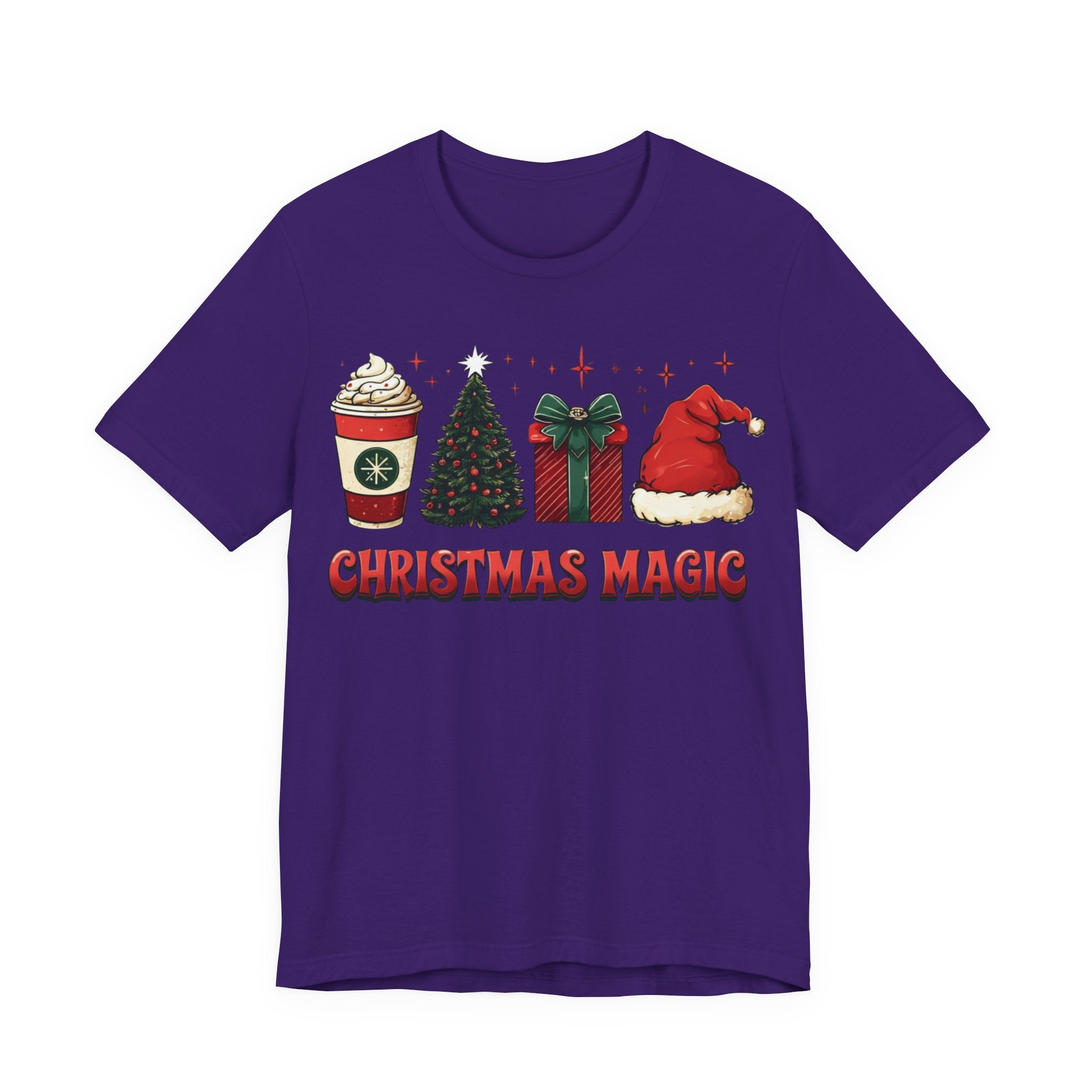 Christmas Magic Tee — Holiday Coffee, Tree & Santa Hat Graphic Shirt