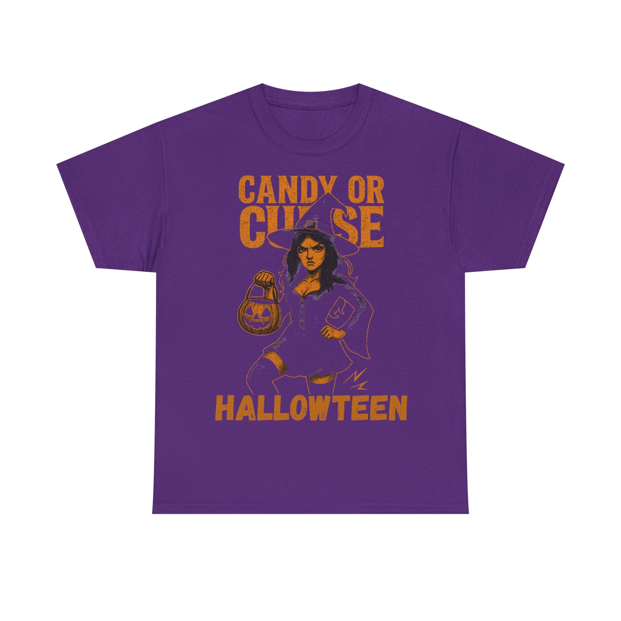 Halloween Unisex Heavy Cotton Tee, Spooky Costume Shirt, Candy or Curse T-Shirt, Witch Graphic Tee, Fall Festive Apparel