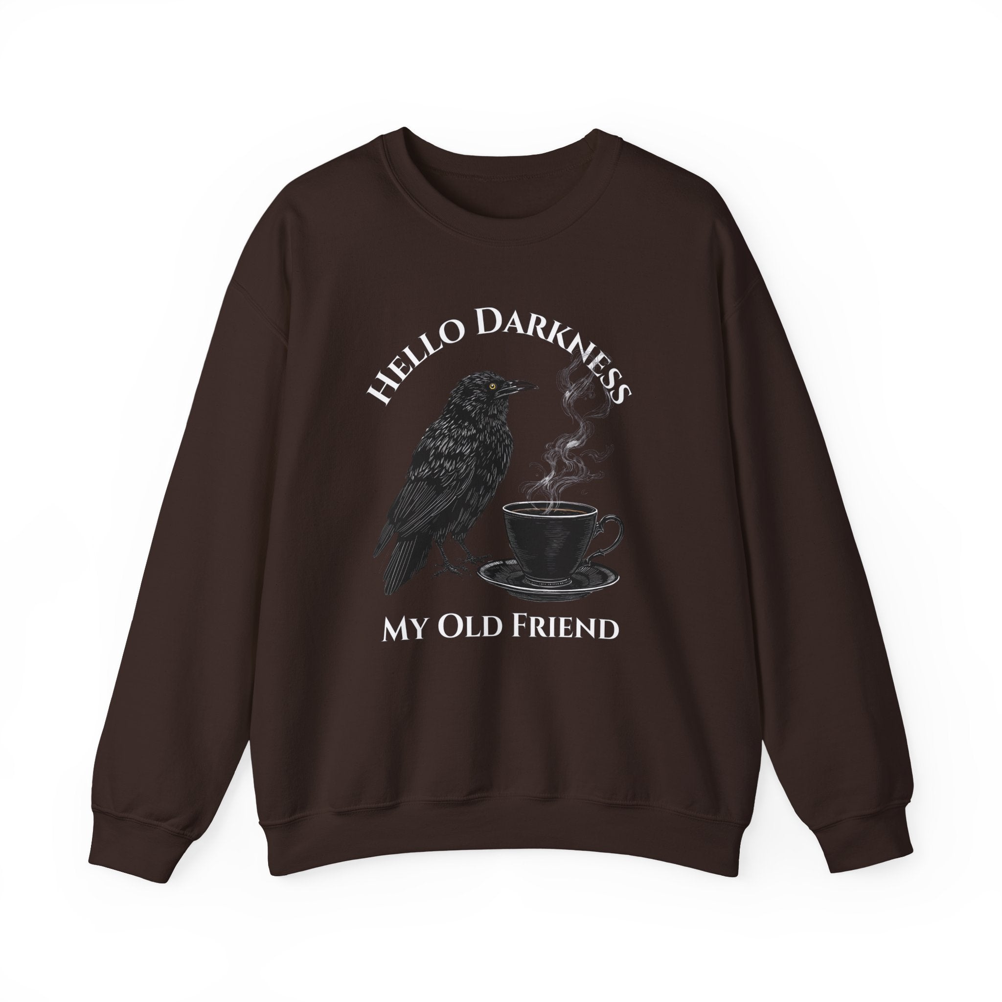 Raven Coffee Crewneck Sweatshirt — "Hello Darkness My Old Friend" Vintage Gothic Tee