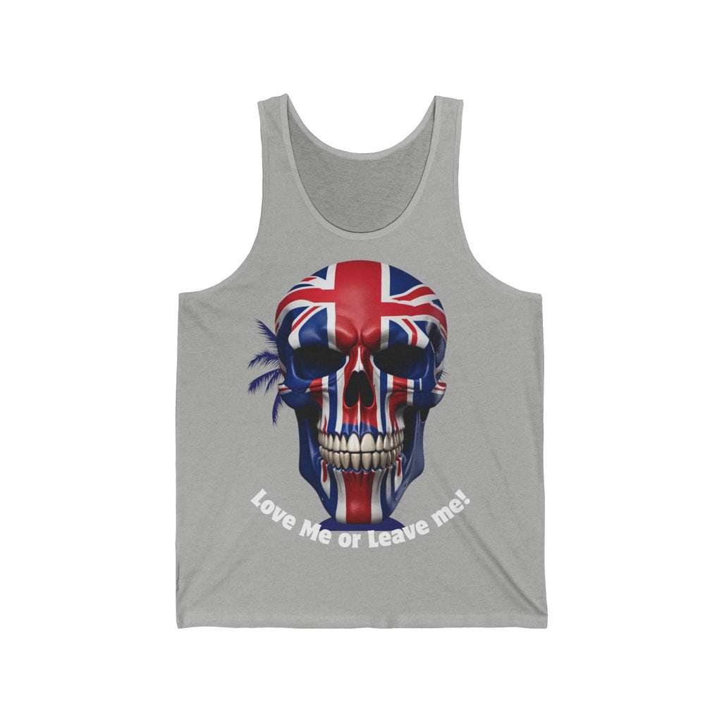 Union Jack Skull Unisex Jersey Tank - Love Me or Leave Me, Festival Top, Summer Wear, Music Event Shirt, Edgy Fashion