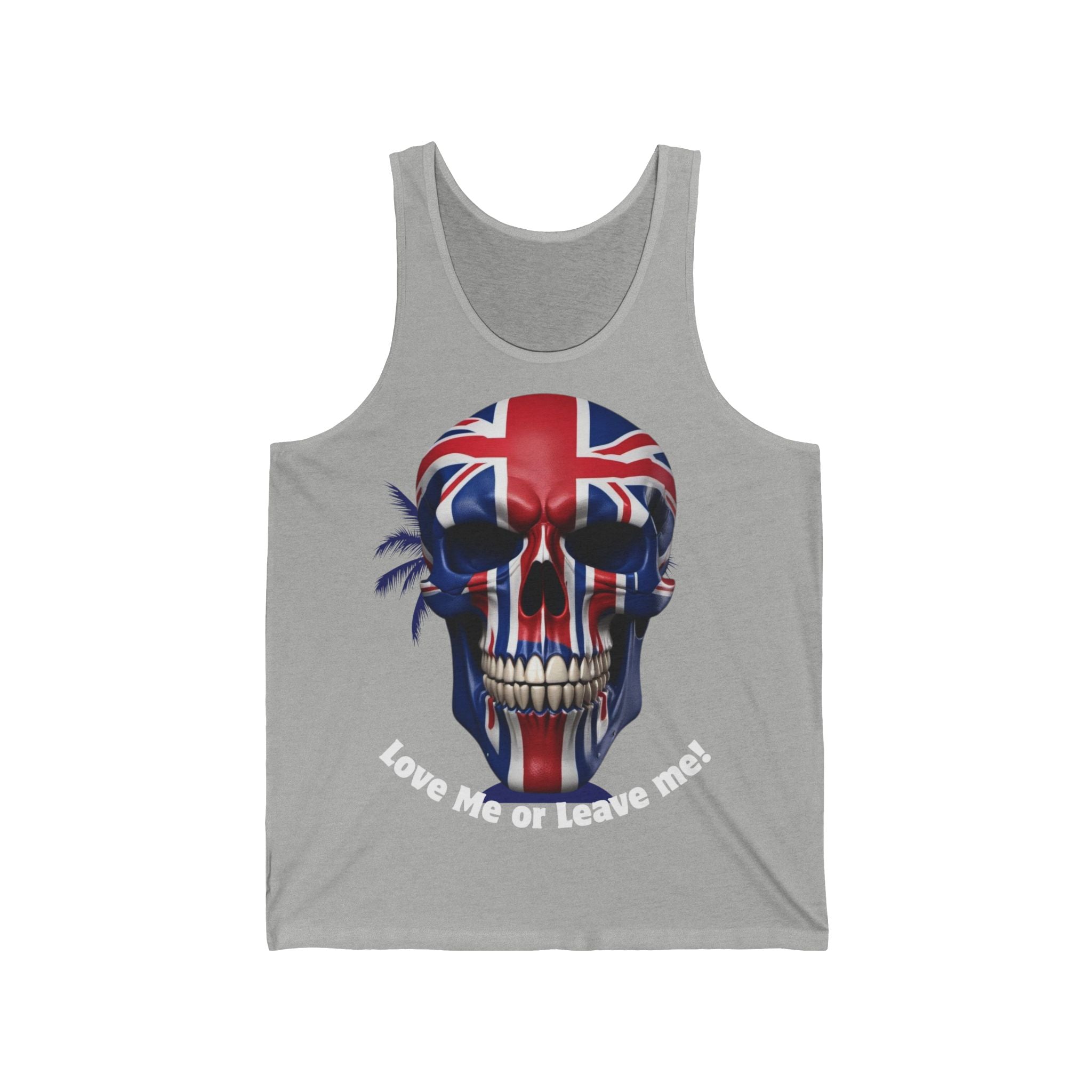 Union Jack Skull Unisex Jersey Tank - Love Me or Leave Me, Festival Top, Summer Wear, Music Event Shirt, Edgy Fashion