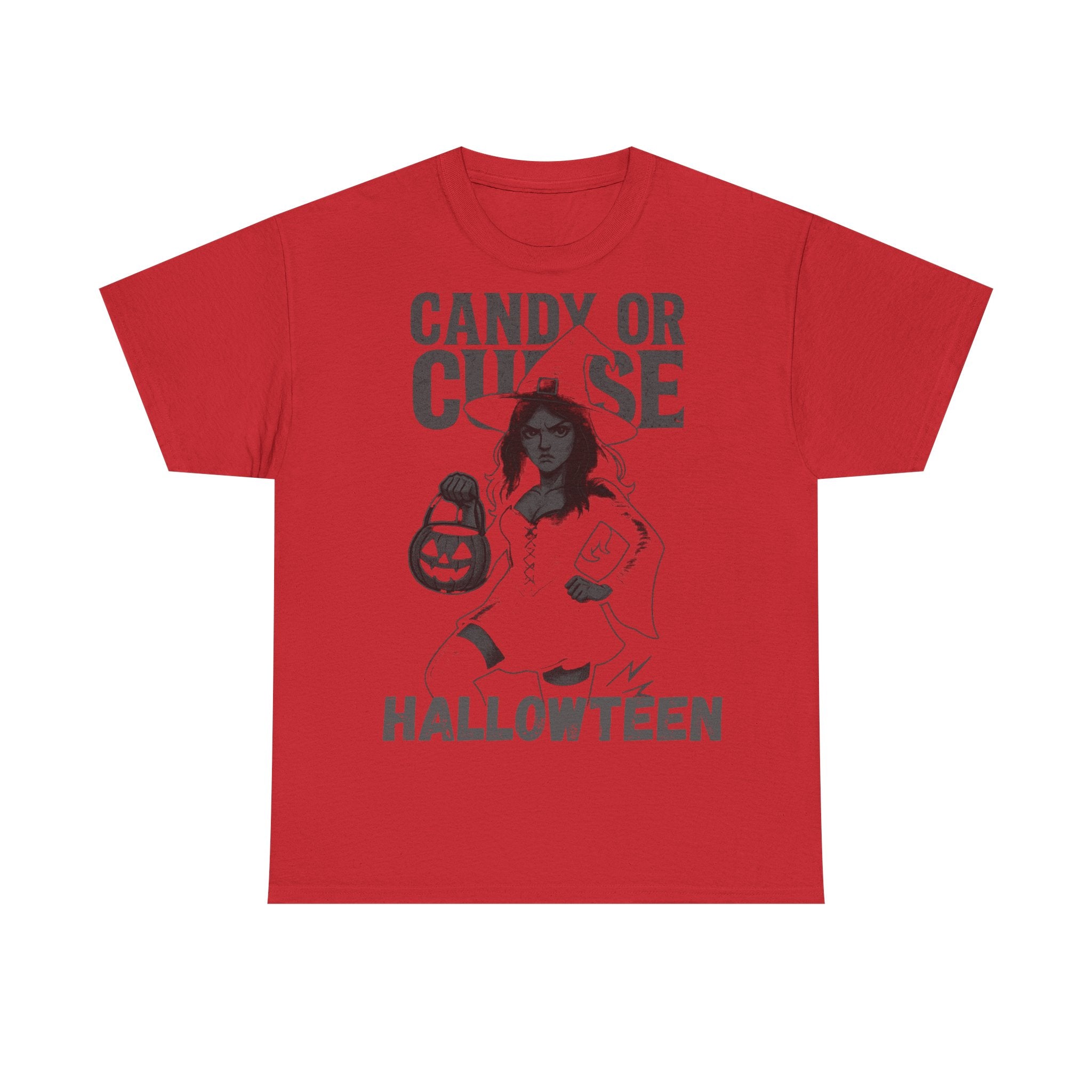 Halloween Unisex Heavy Cotton Tee, Cute Witch Shirt, Candy or Curse Tee, Spooky Season Apparel, Fall Festive Clothing