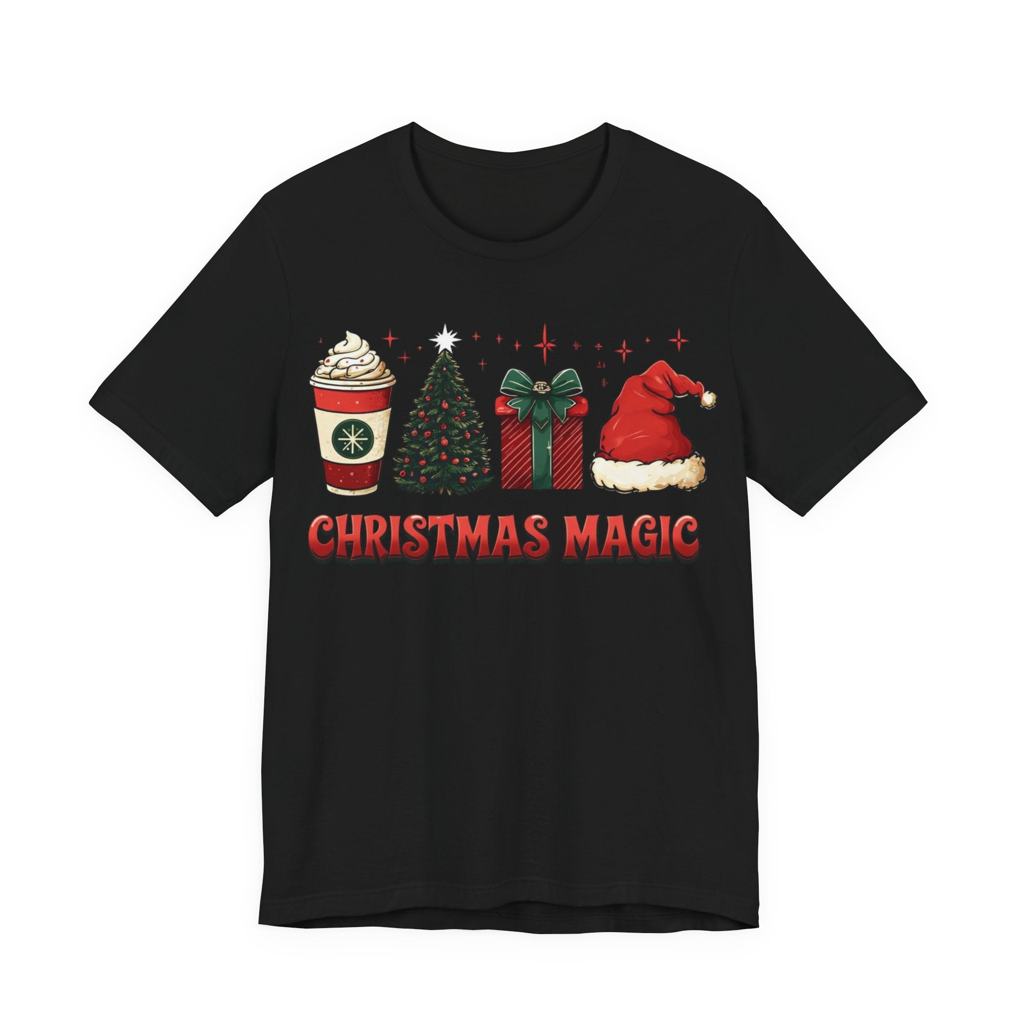 Christmas Magic Tee — Holiday Coffee, Tree & Santa Hat Graphic Shirt