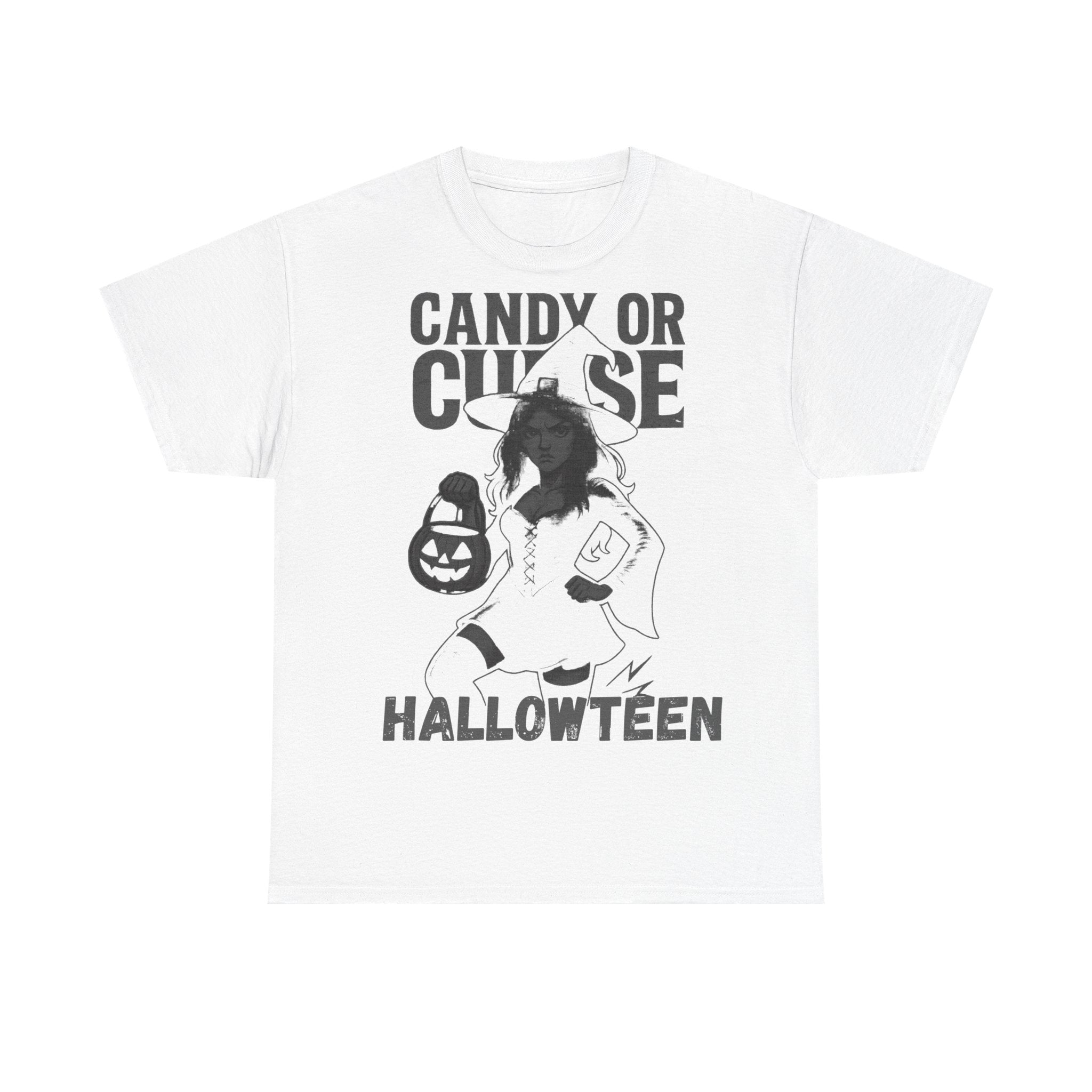Halloween Unisex Heavy Cotton Tee, Cute Witch Shirt, Candy or Curse Tee, Spooky Season Apparel, Fall Festive Clothing
