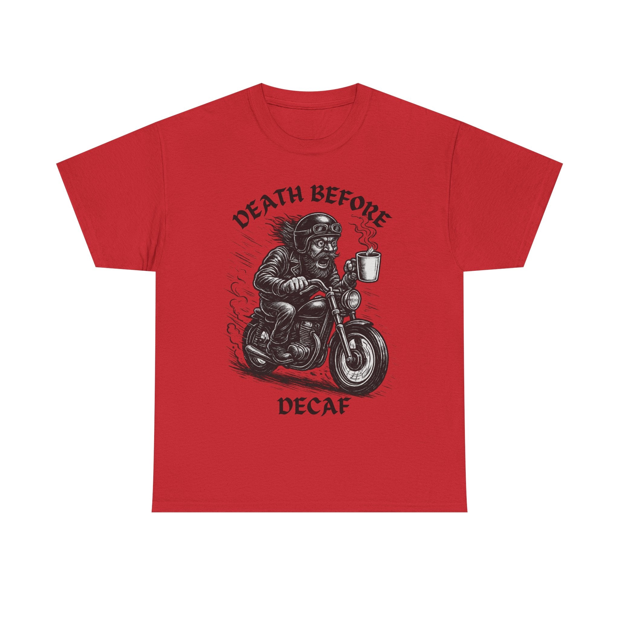 Unisex Heavy Cotton Tee - Death Before Decaf, Coffee Lover Shirt, Biker Tee, Unique Gift, Motorcycle Enthusiast Apparel