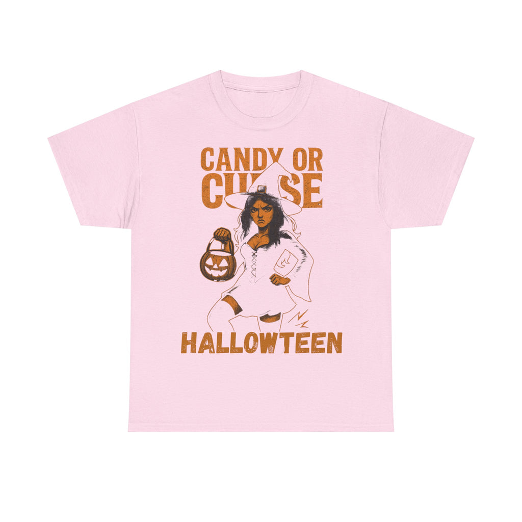 Halloween Unisex Heavy Cotton Tee, Spooky Costume Shirt, Candy or Curse T-Shirt, Witch Graphic Tee, Fall Festive Apparel