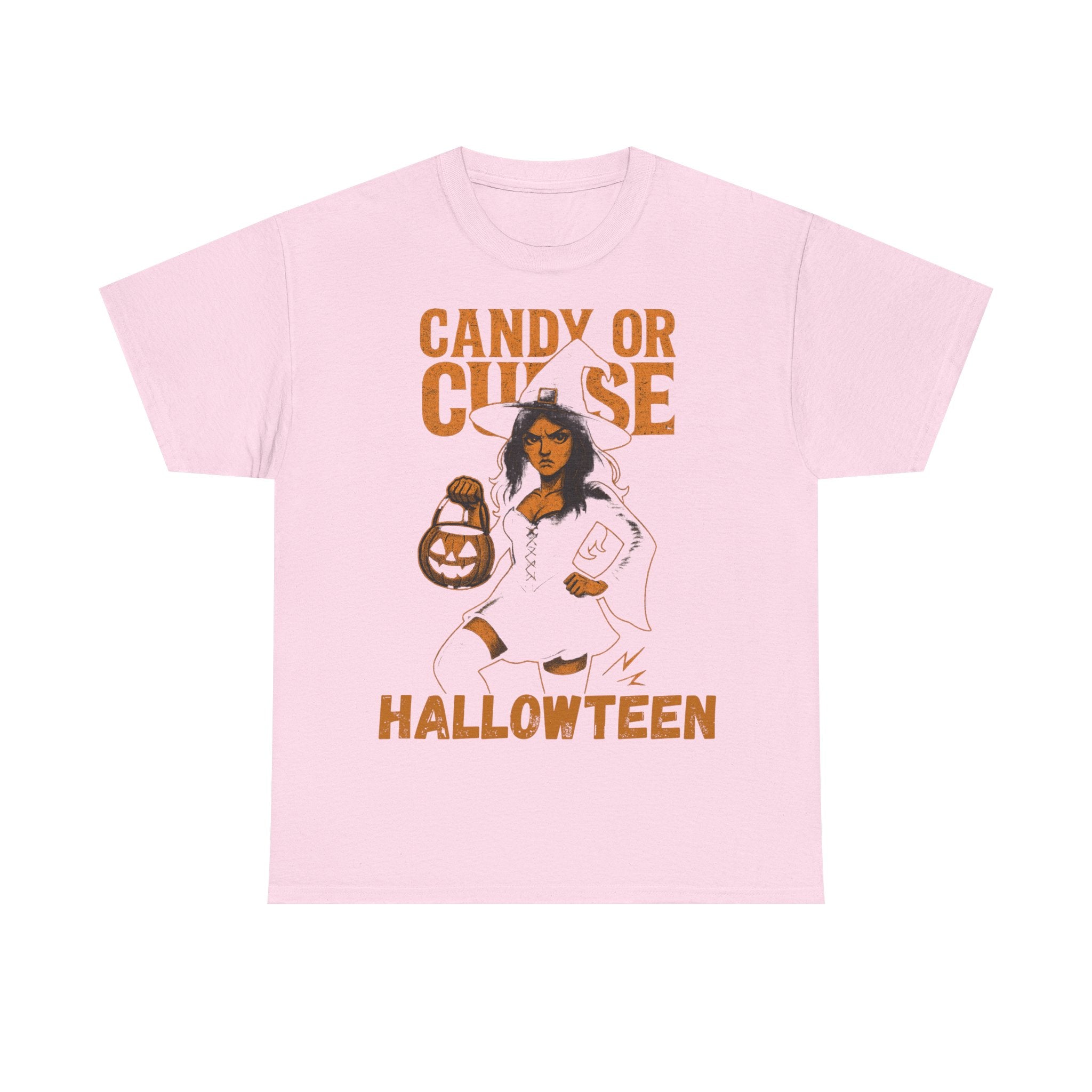 Halloween Unisex Heavy Cotton Tee, Spooky Costume Shirt, Candy or Curse T-Shirt, Witch Graphic Tee, Fall Festive Apparel