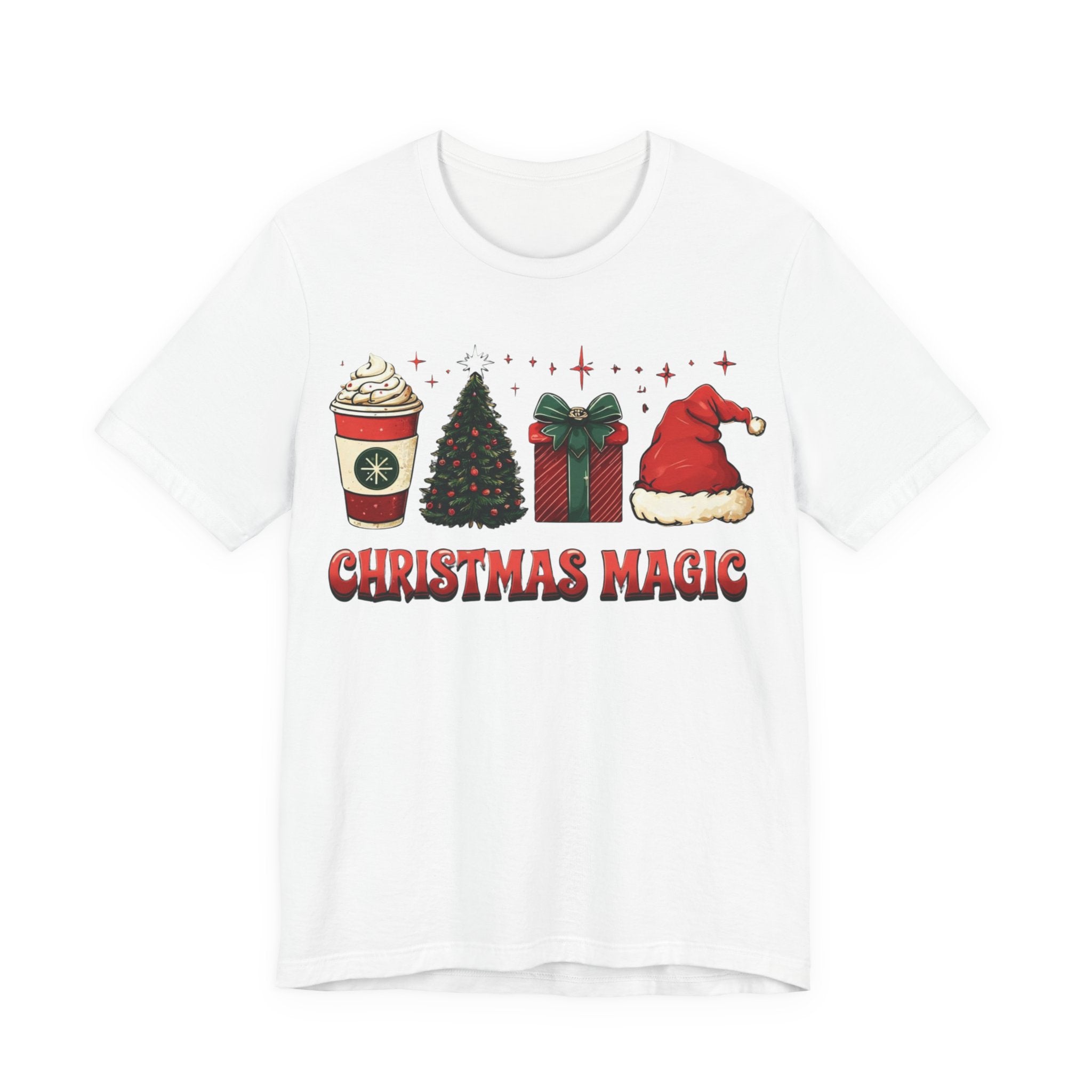 Christmas Magic Tee — Holiday Coffee, Tree & Santa Hat Graphic Shirt