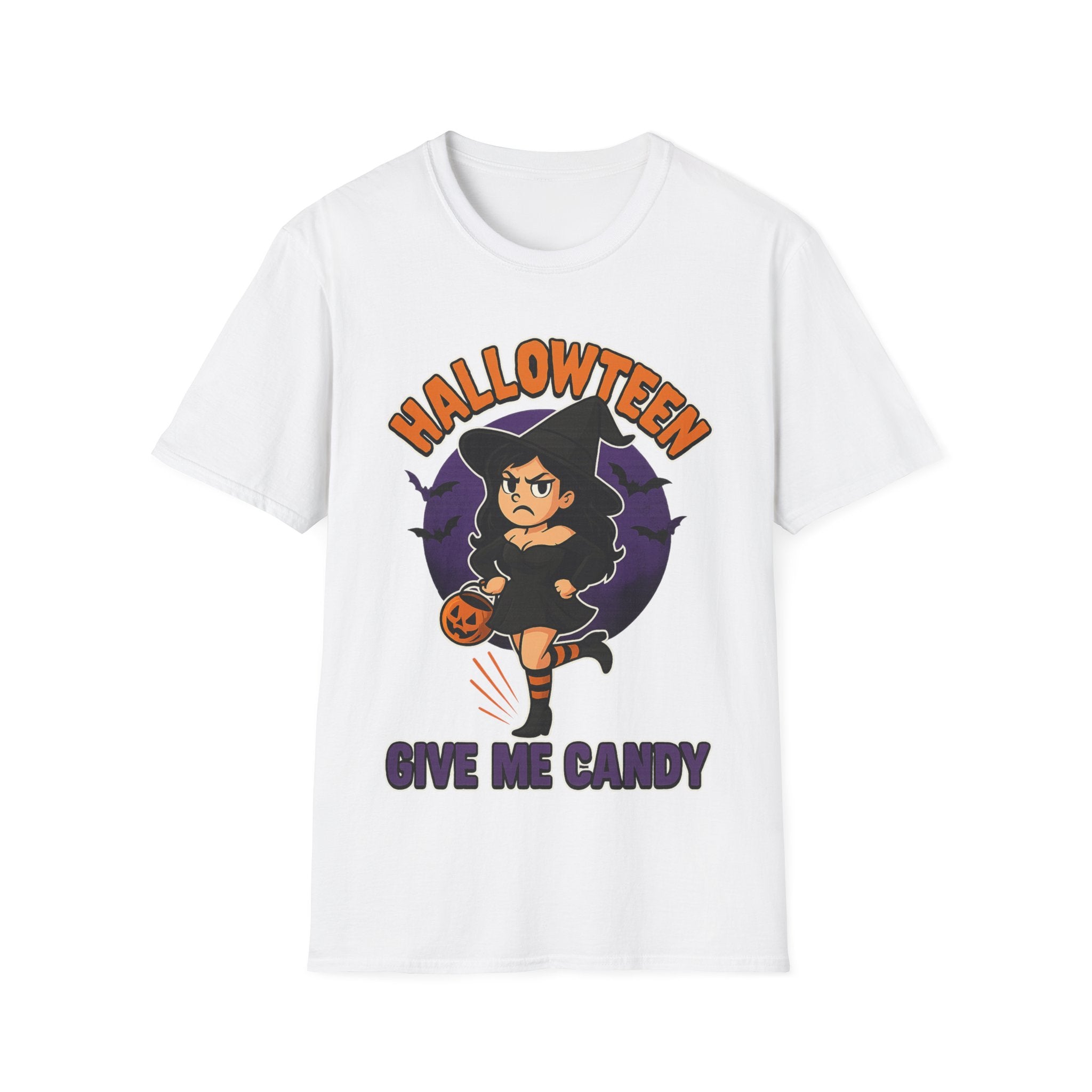 Halloween Witch Give Me Candy T-Shirt, Unisex Softstyle Tee for Halloween Parties, Costume, Gift, Spooky Season