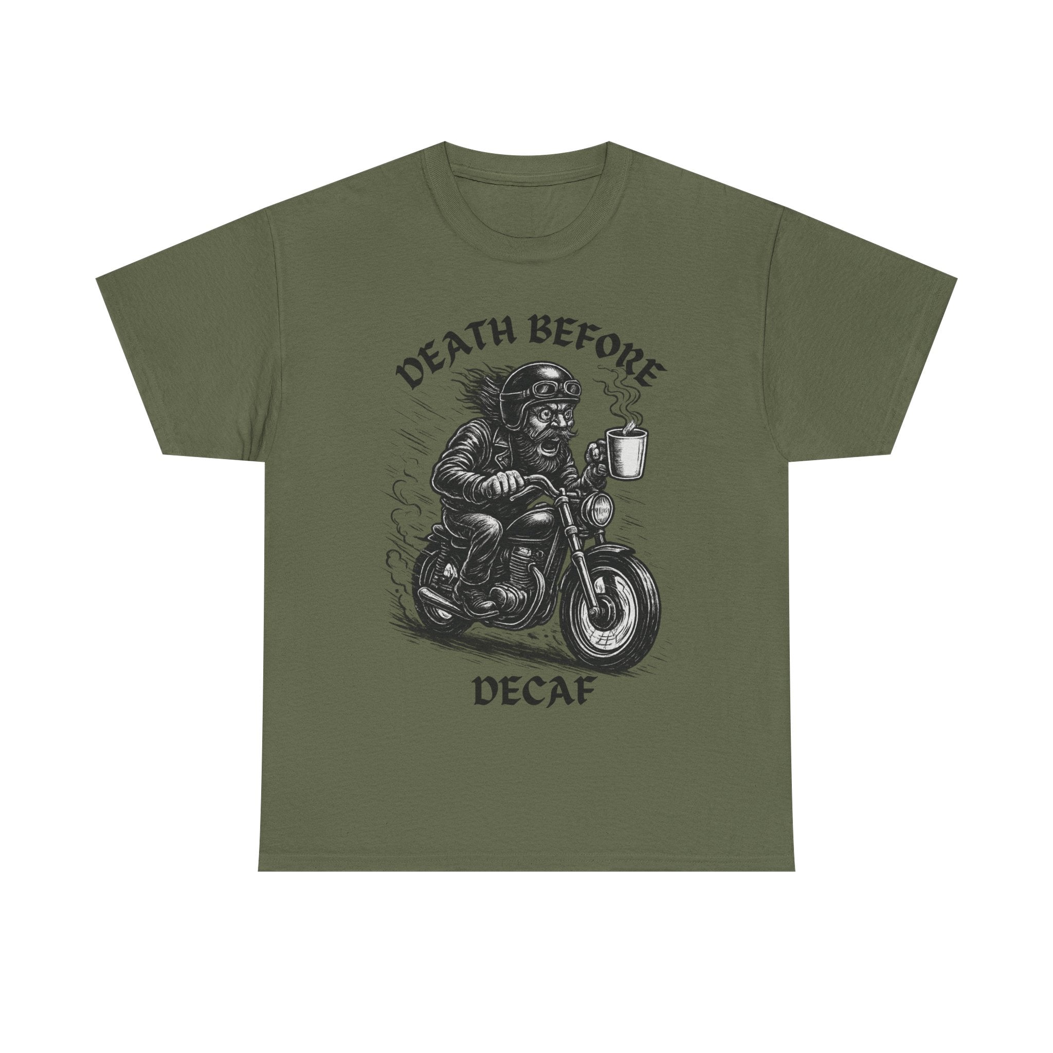 Unisex Heavy Cotton Tee - Death Before Decaf, Coffee Lover Shirt, Biker Tee, Unique Gift, Motorcycle Enthusiast Apparel