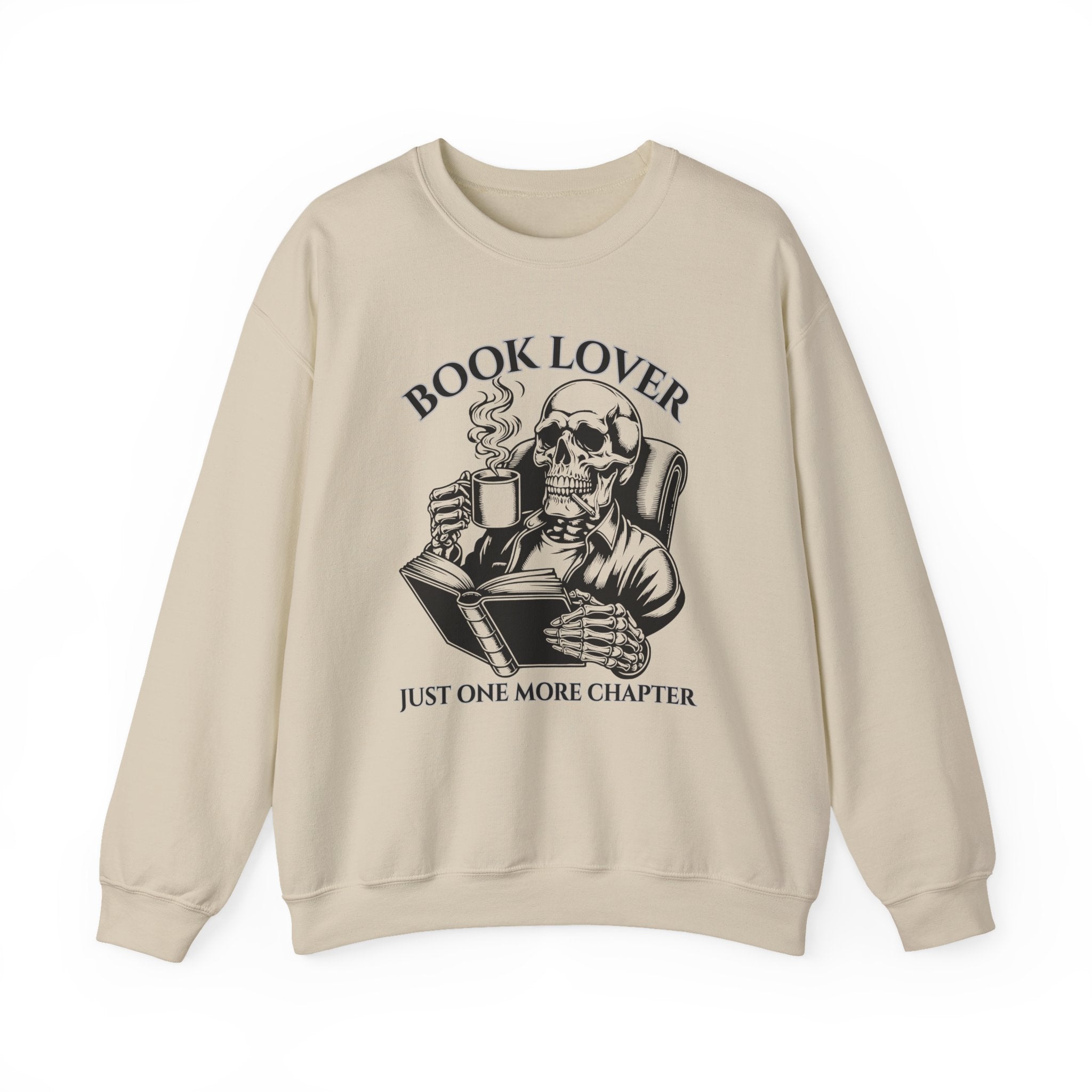 Book Lover Sweatshirt — 'Just One More Chapter' Skull Reading Crewneck