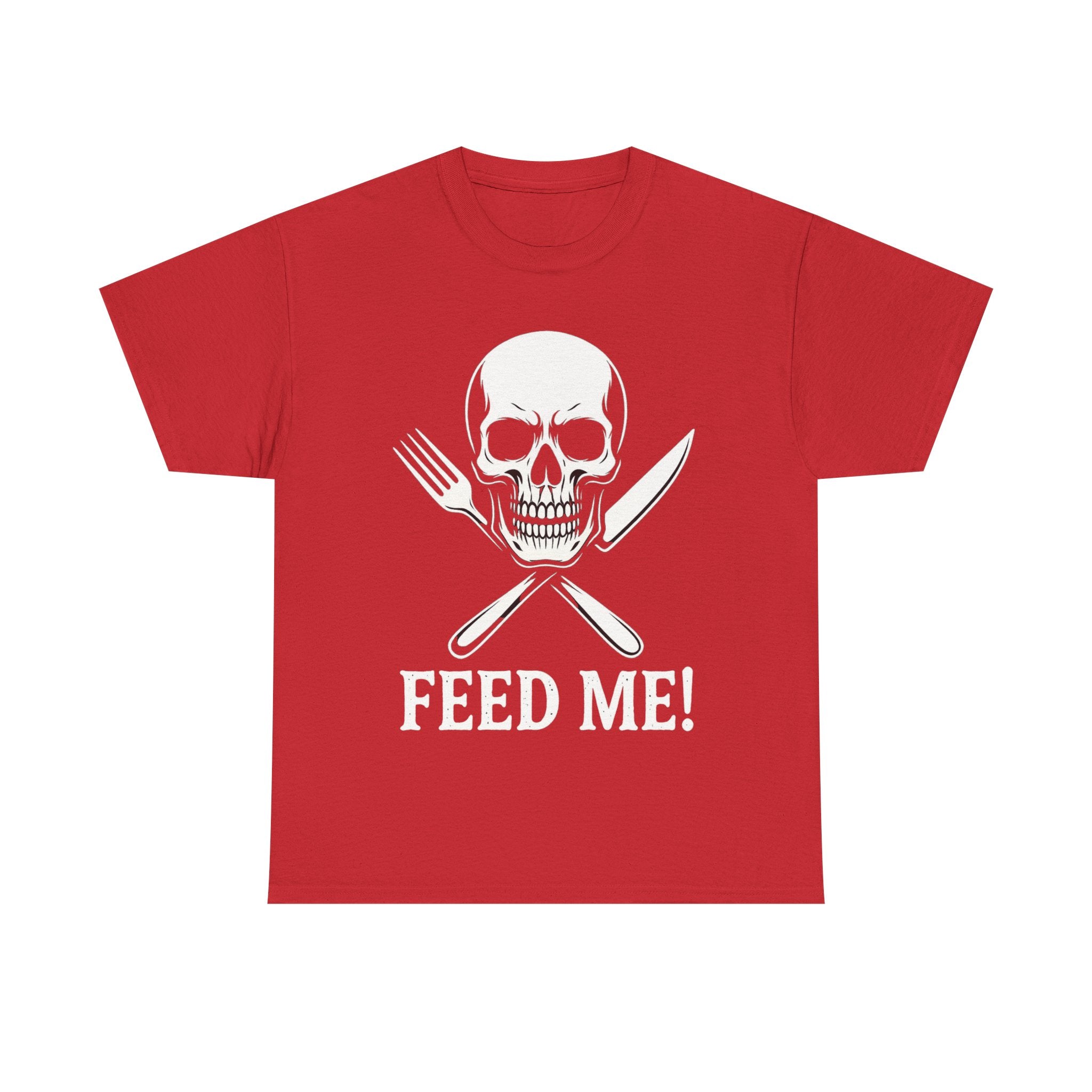 Skull & Fork Unisex Heavy Cotton Tee - Feed Me Graphic Shirt, Halloween Apparel, Casual Wear, Gift for Food Lovers, Trendy T-Shirt
