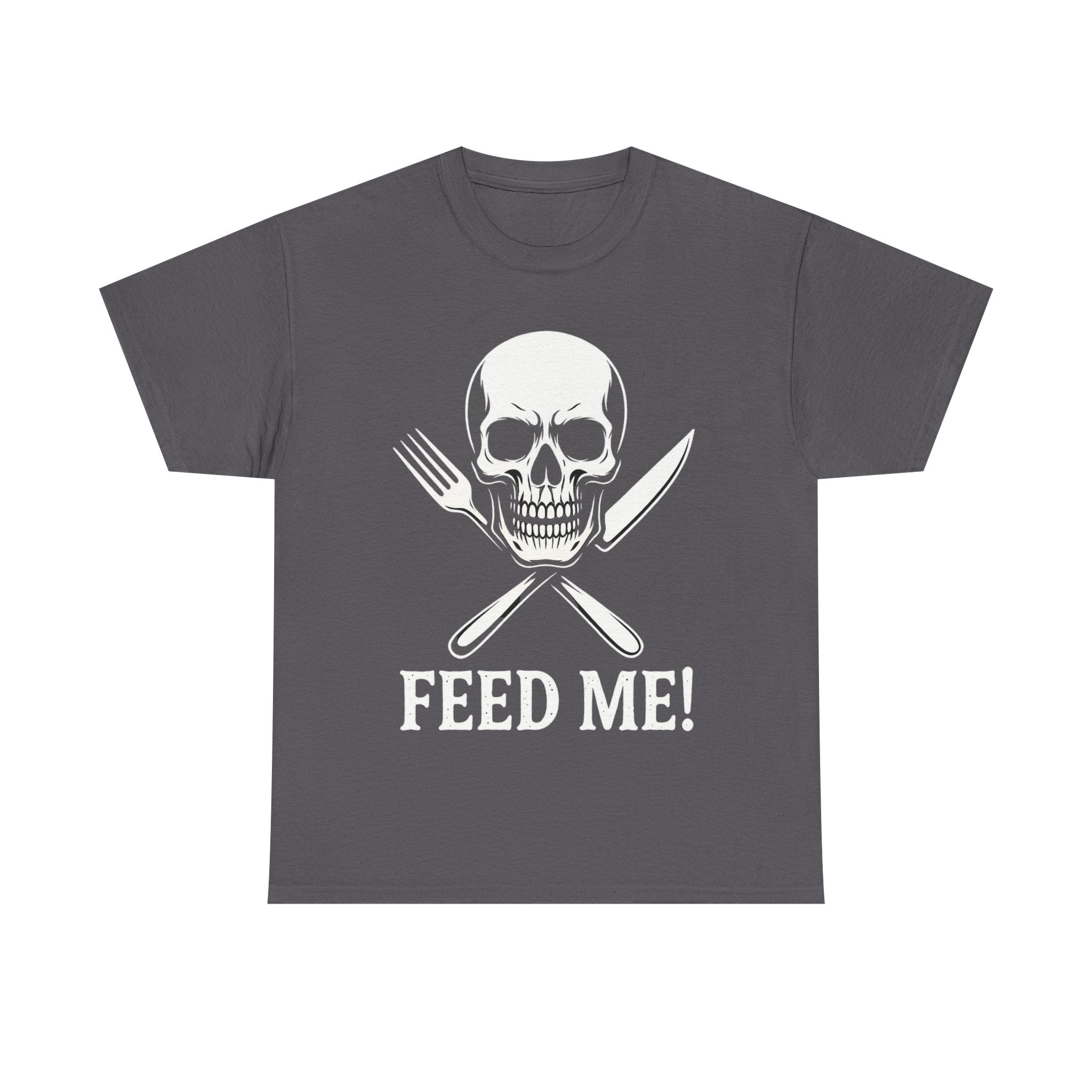 Skull & Fork Unisex Heavy Cotton Tee - Feed Me Graphic Shirt, Halloween Apparel, Casual Wear, Gift for Food Lovers, Trendy T-Shirt