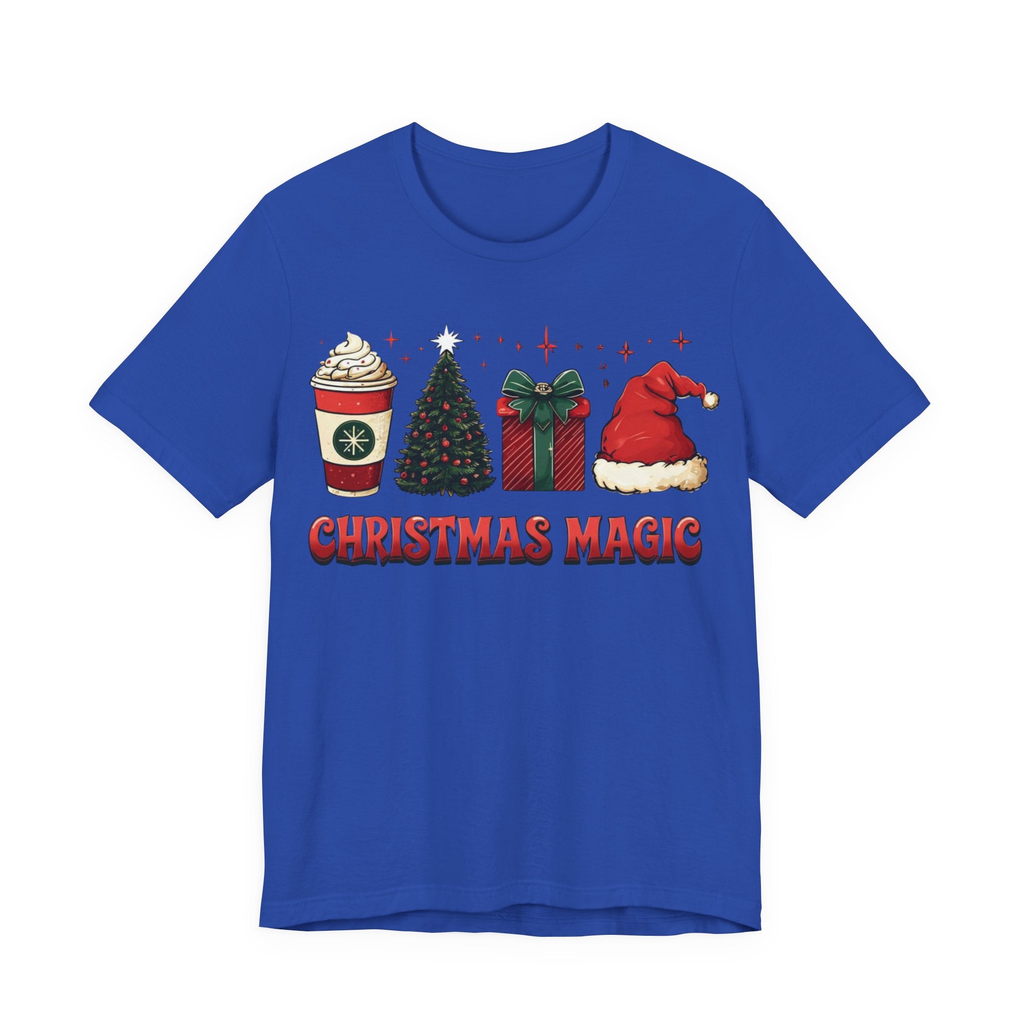 Christmas Magic Tee — Holiday Coffee, Tree & Santa Hat Graphic Shirt