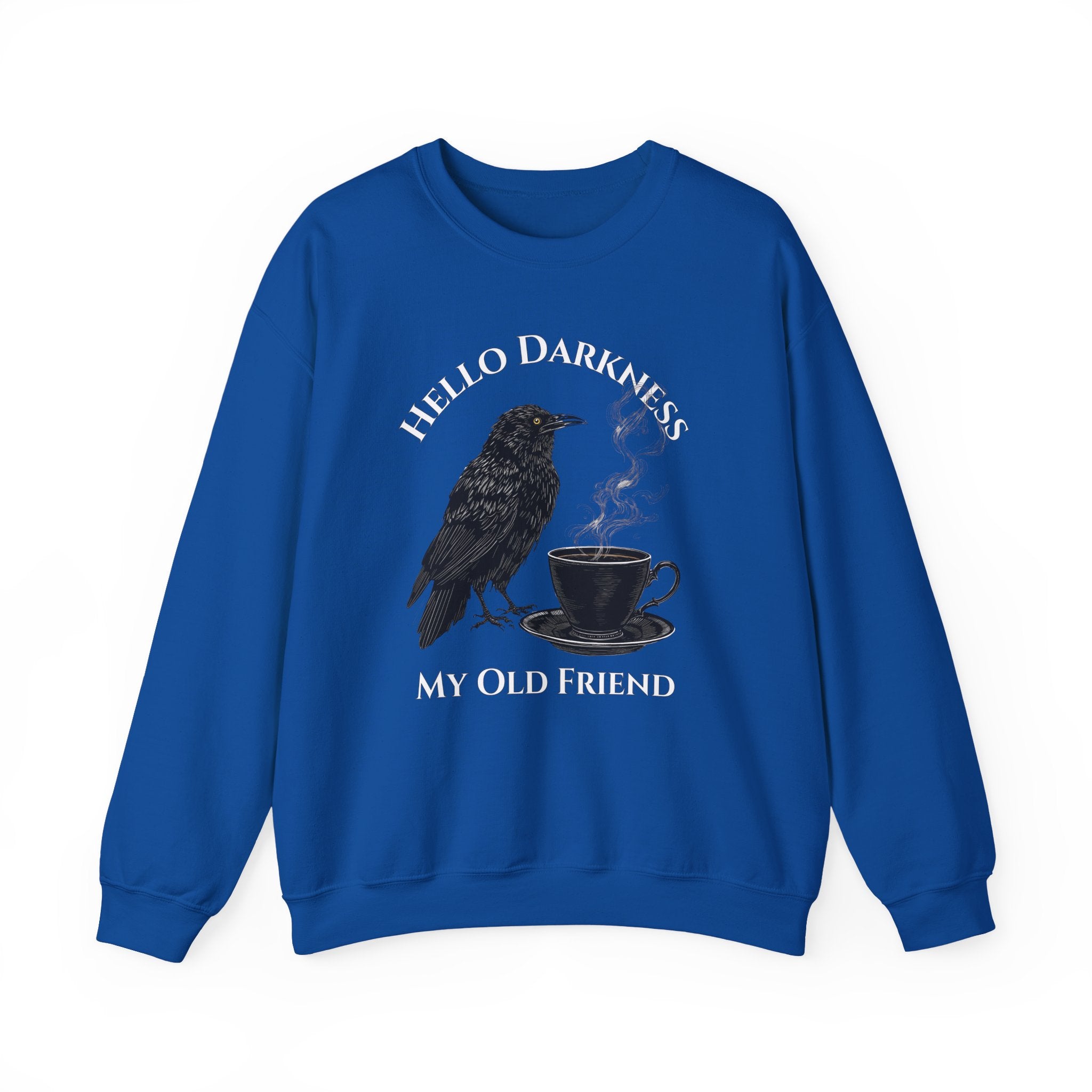 Raven Coffee Crewneck Sweatshirt — "Hello Darkness My Old Friend" Vintage Gothic Tee