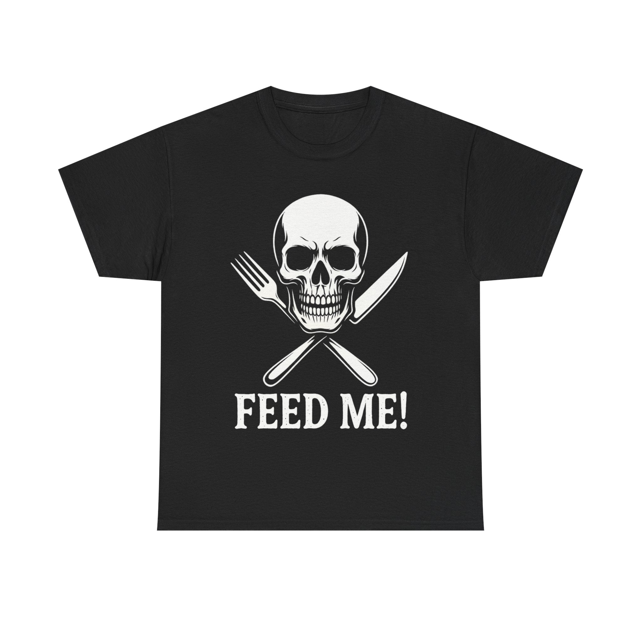 Skull & Fork Unisex Heavy Cotton Tee - Feed Me Graphic Shirt, Halloween Apparel, Casual Wear, Gift for Food Lovers, Trendy T-Shirt