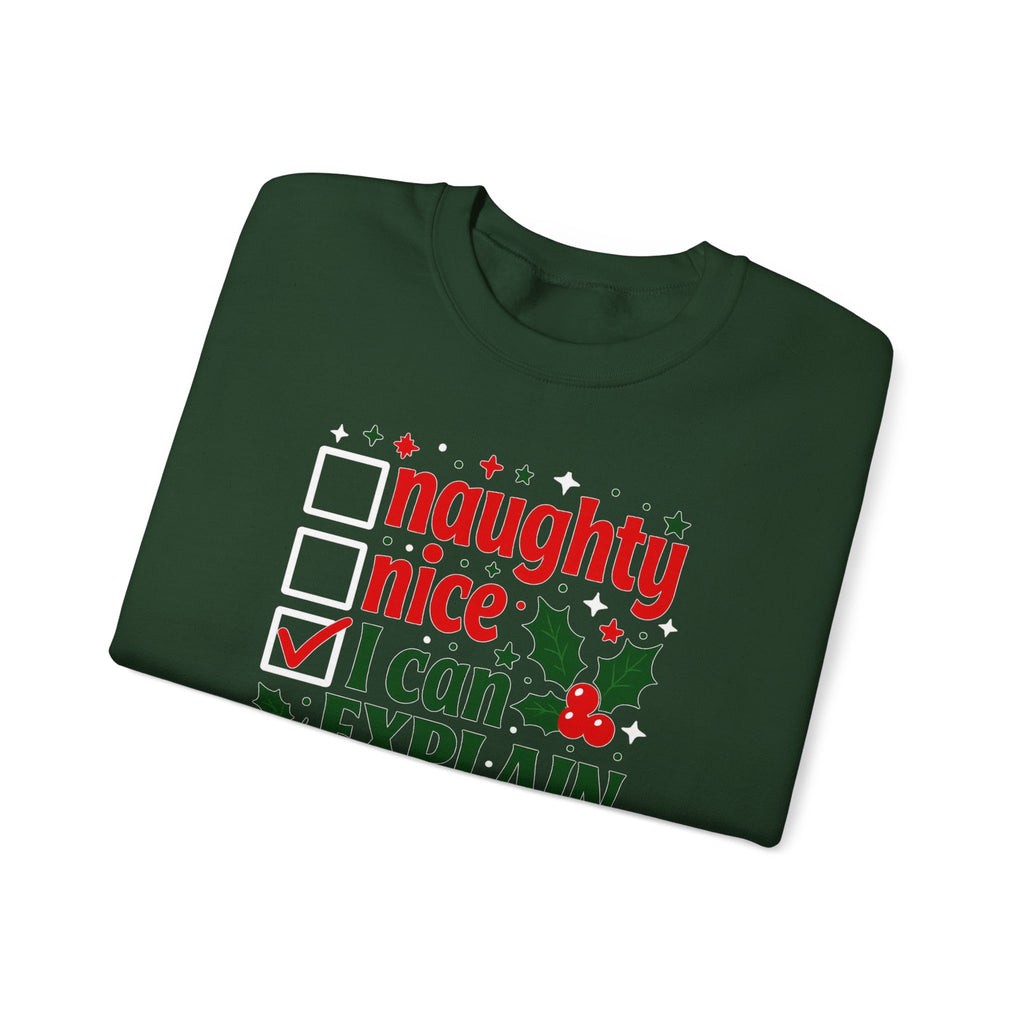 Christmas Sweatshirt – "Naughty, Nice, I Can Explain" Holiday Crewneck