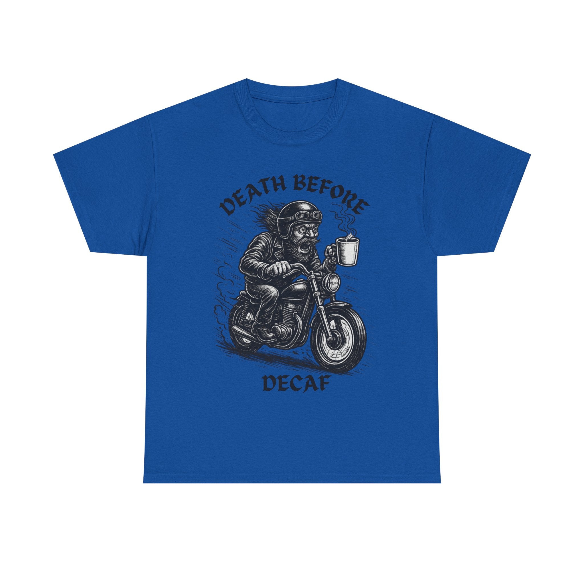 Unisex Heavy Cotton Tee - Death Before Decaf, Coffee Lover Shirt, Biker Tee, Unique Gift, Motorcycle Enthusiast Apparel