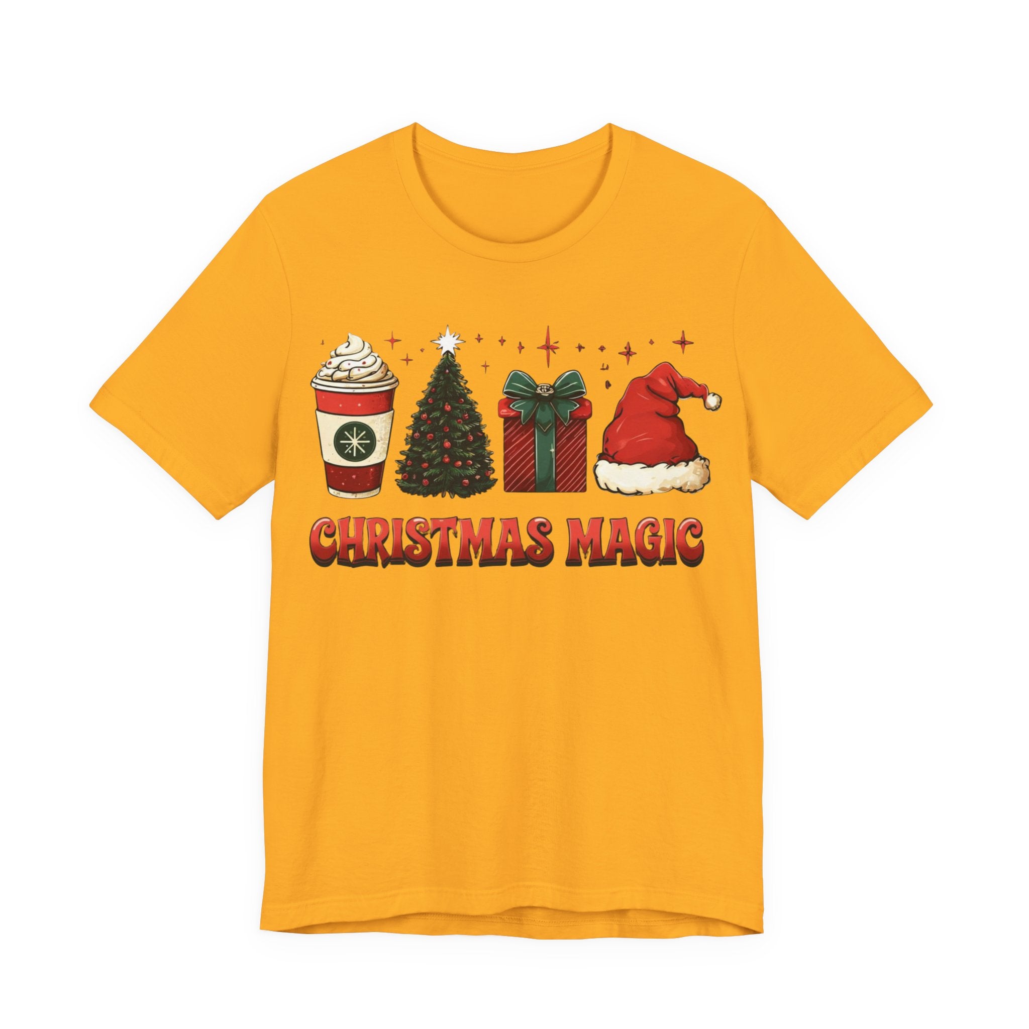 Christmas Magic Tee — Holiday Coffee, Tree & Santa Hat Graphic Shirt