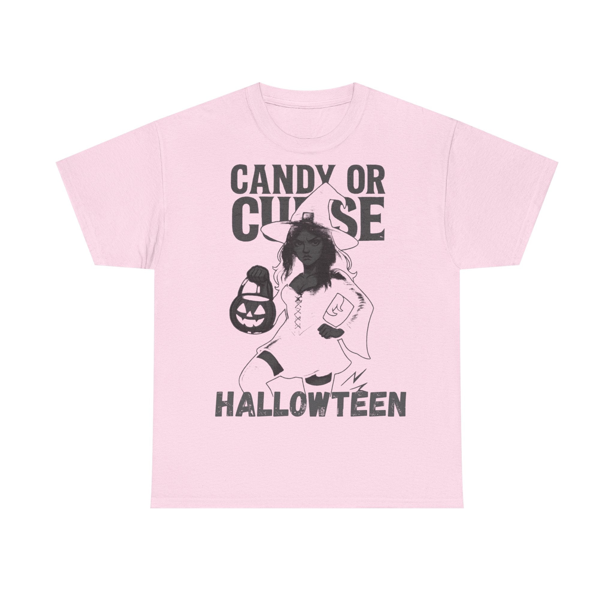 Halloween Unisex Heavy Cotton Tee, Cute Witch Shirt, Candy or Curse Tee, Spooky Season Apparel, Fall Festive Clothing