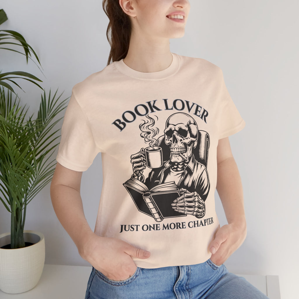 Book Lover Tee — 'Just One More Chapter' Skull Reading Shirt