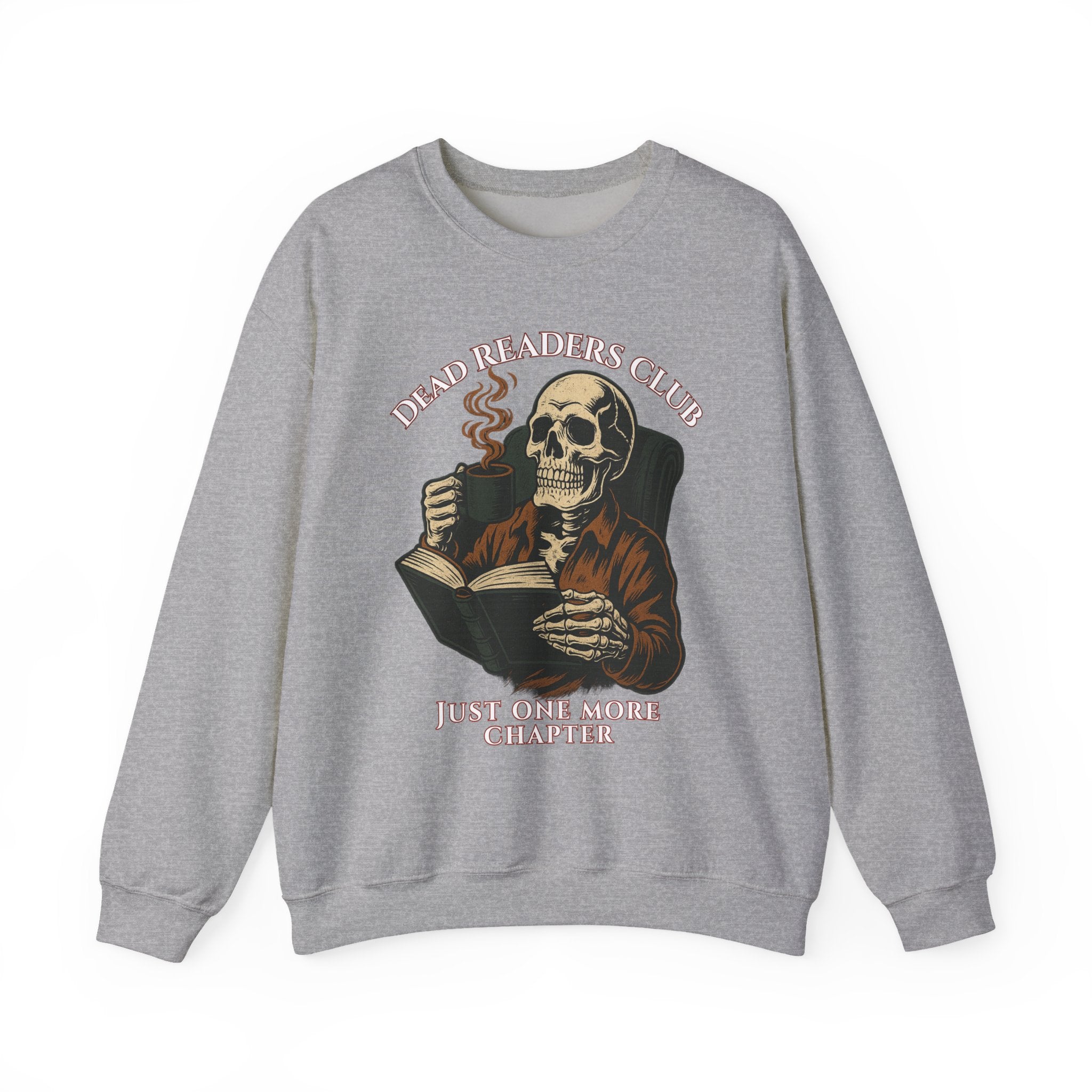 Crewneck Sweatshirt — "Dead Readers Club: Just One More Chapter" Skull Book Lover Graphic