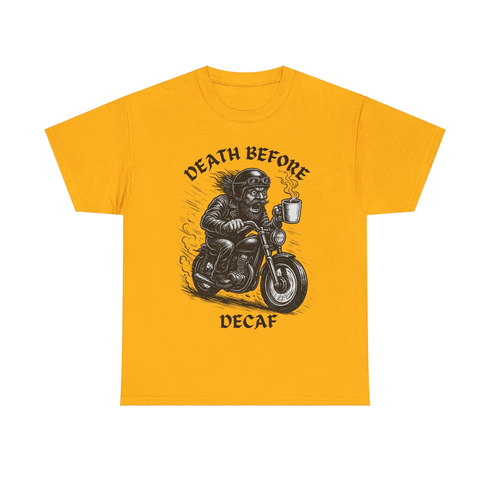 Unisex Heavy Cotton Tee - Death Before Decaf, Coffee Lover Shirt, Biker Tee, Unique Gift, Motorcycle Enthusiast Apparel