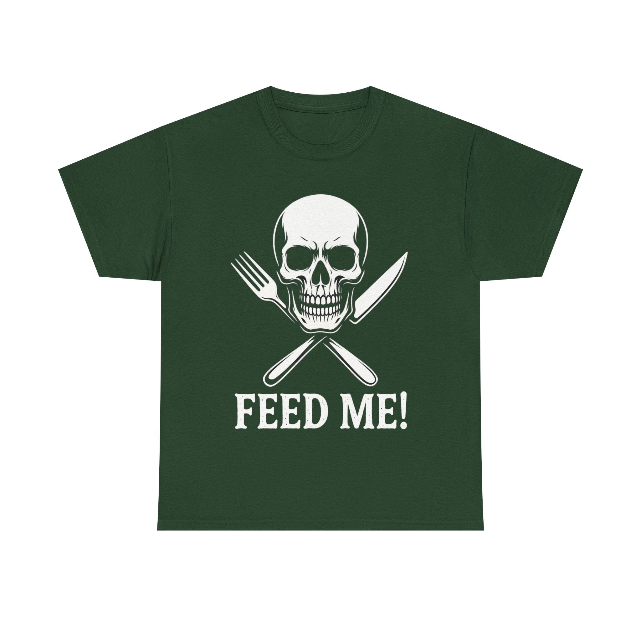 Skull & Fork Unisex Heavy Cotton Tee - Feed Me Graphic Shirt, Halloween Apparel, Casual Wear, Gift for Food Lovers, Trendy T-Shirt