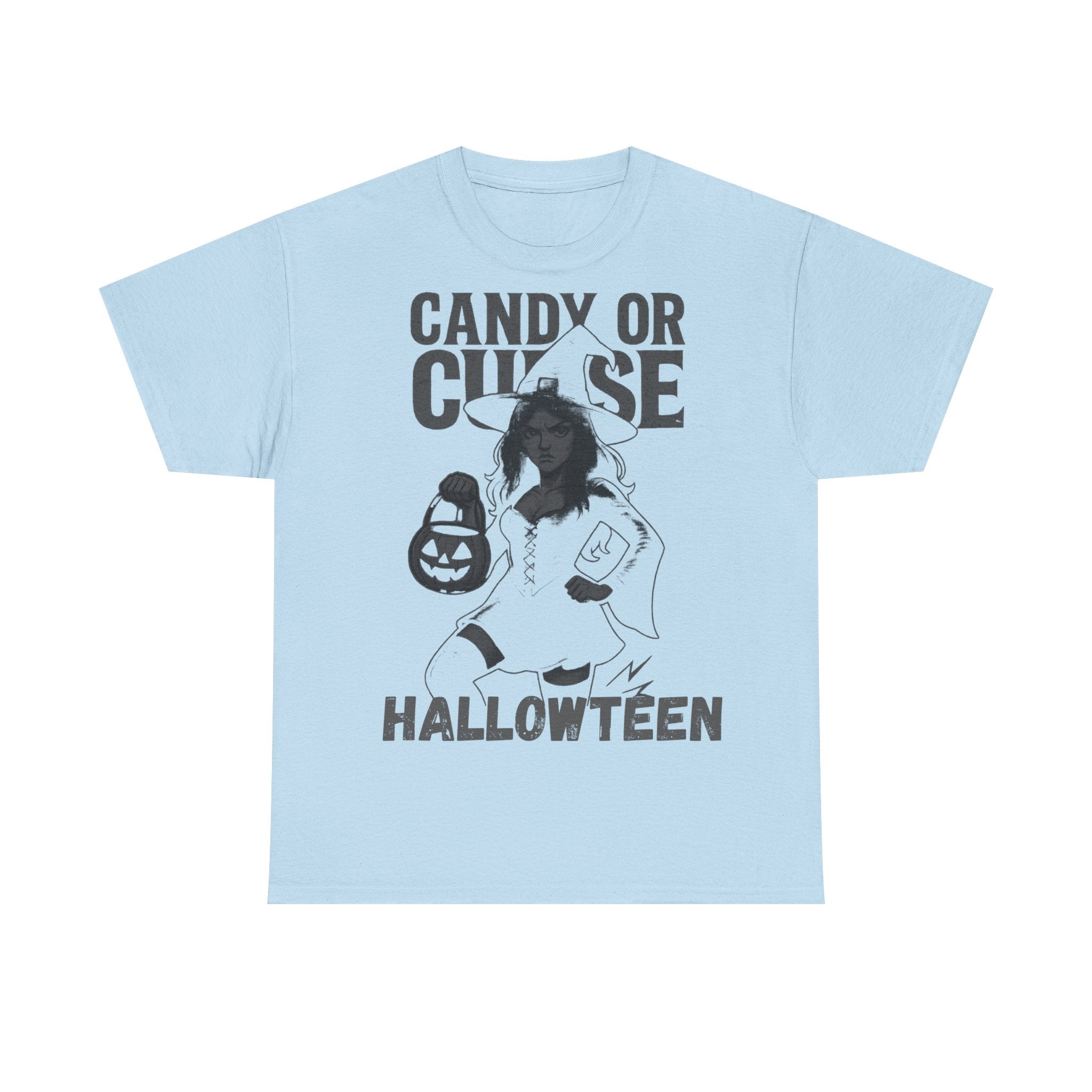 Halloween Unisex Heavy Cotton Tee, Cute Witch Shirt, Candy or Curse Tee, Spooky Season Apparel, Fall Festive Clothing