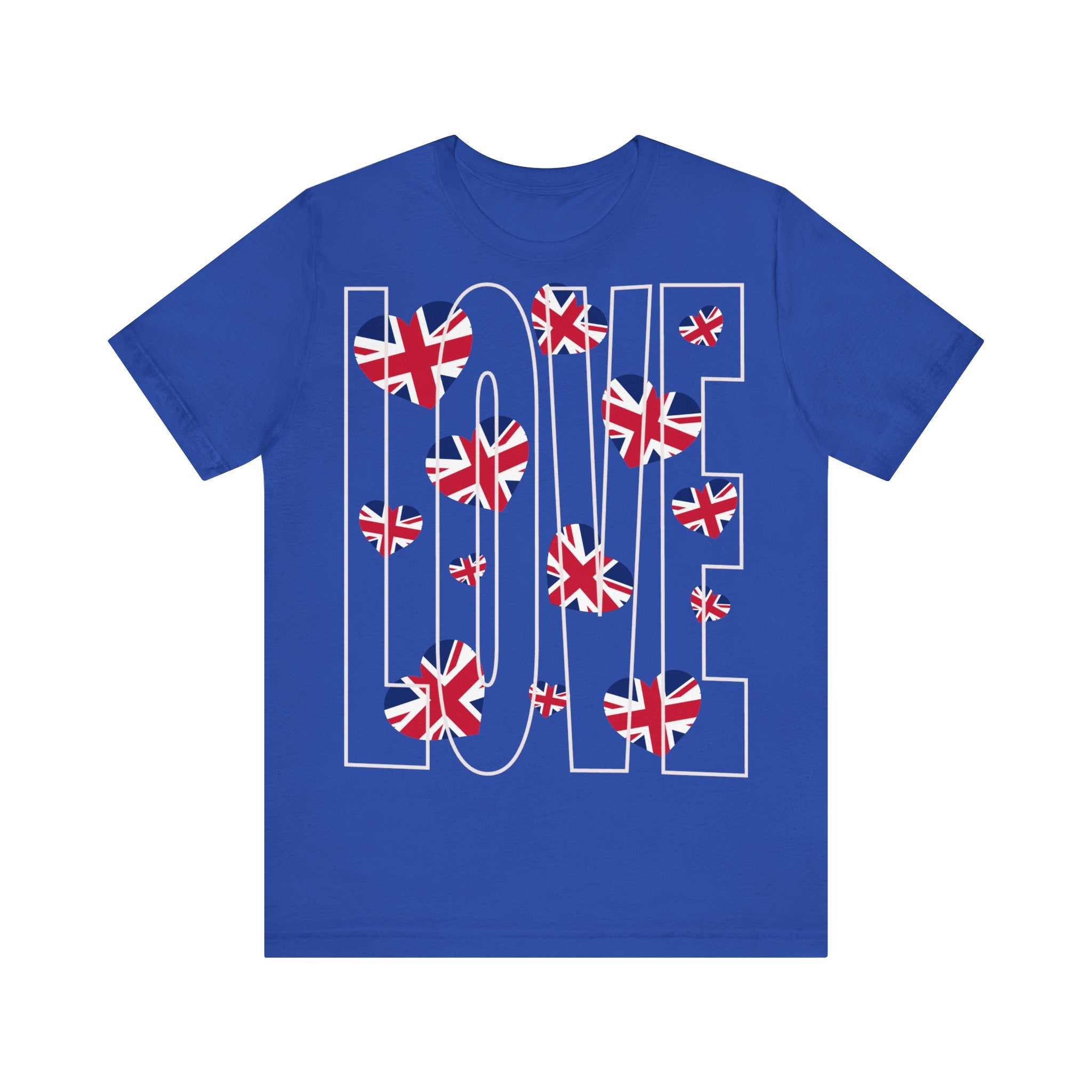 Patriotic Love in Union - Union Jack Hearts Unisex Jersey Tee, Love Shirt, Graphic Tee, Casual Wear, British Flag