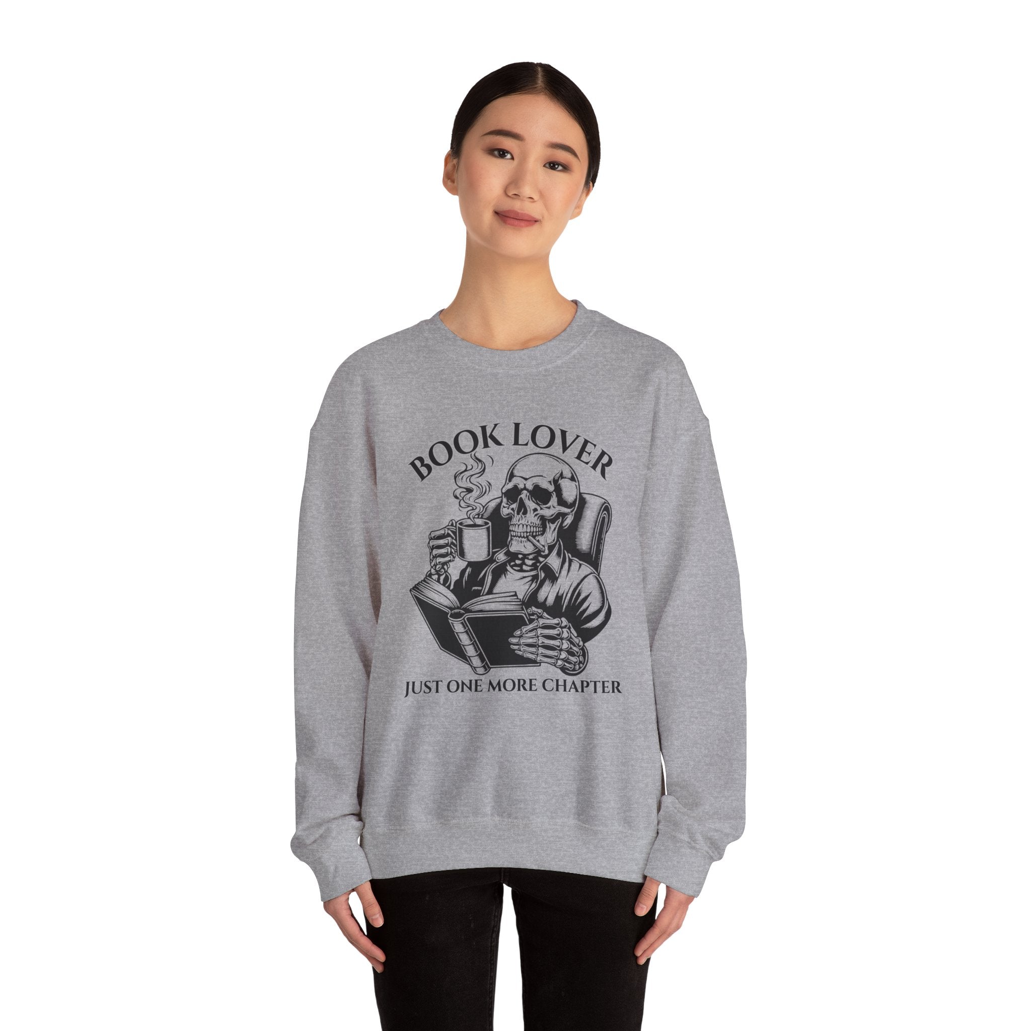Book Lover Sweatshirt — 'Just One More Chapter' Skull Reading Crewneck