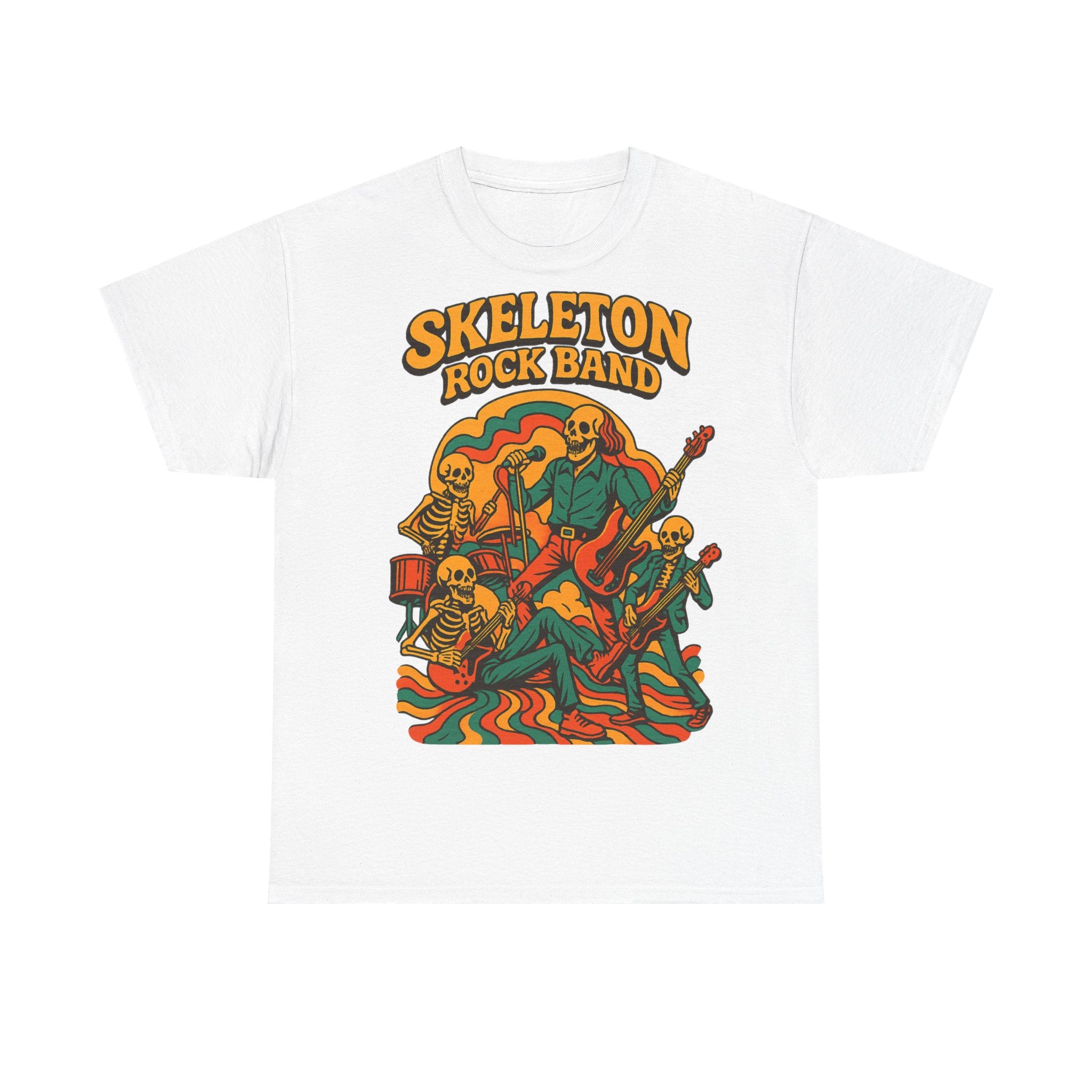 Retro Skeleton Rock Band Tee, Unisex Heavy Cotton Shirt, Halloween Costume, Music Lover Gift, Fun Graphic T-Shirt, Vintage Style Tee