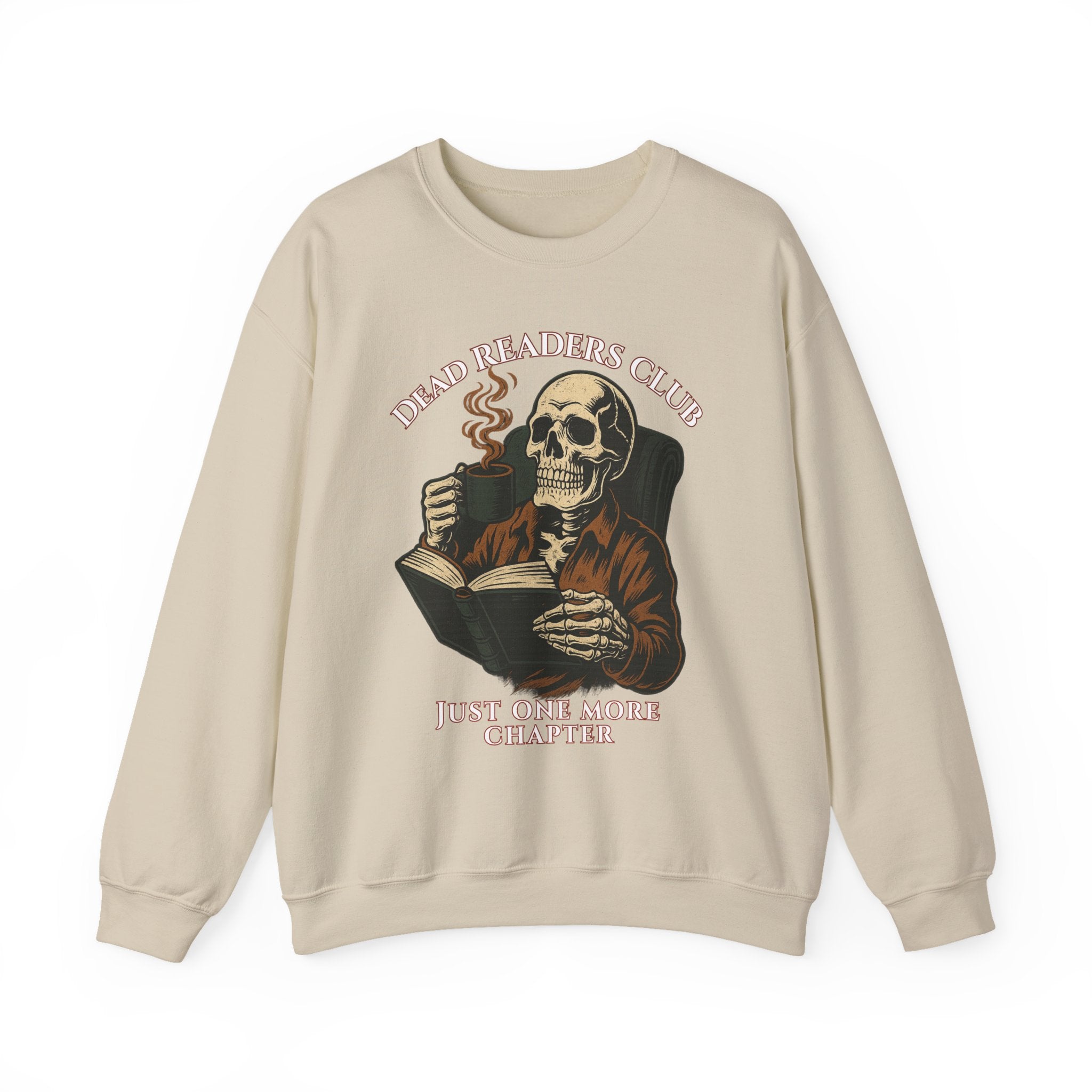 Crewneck Sweatshirt — "Dead Readers Club: Just One More Chapter" Skull Book Lover Graphic