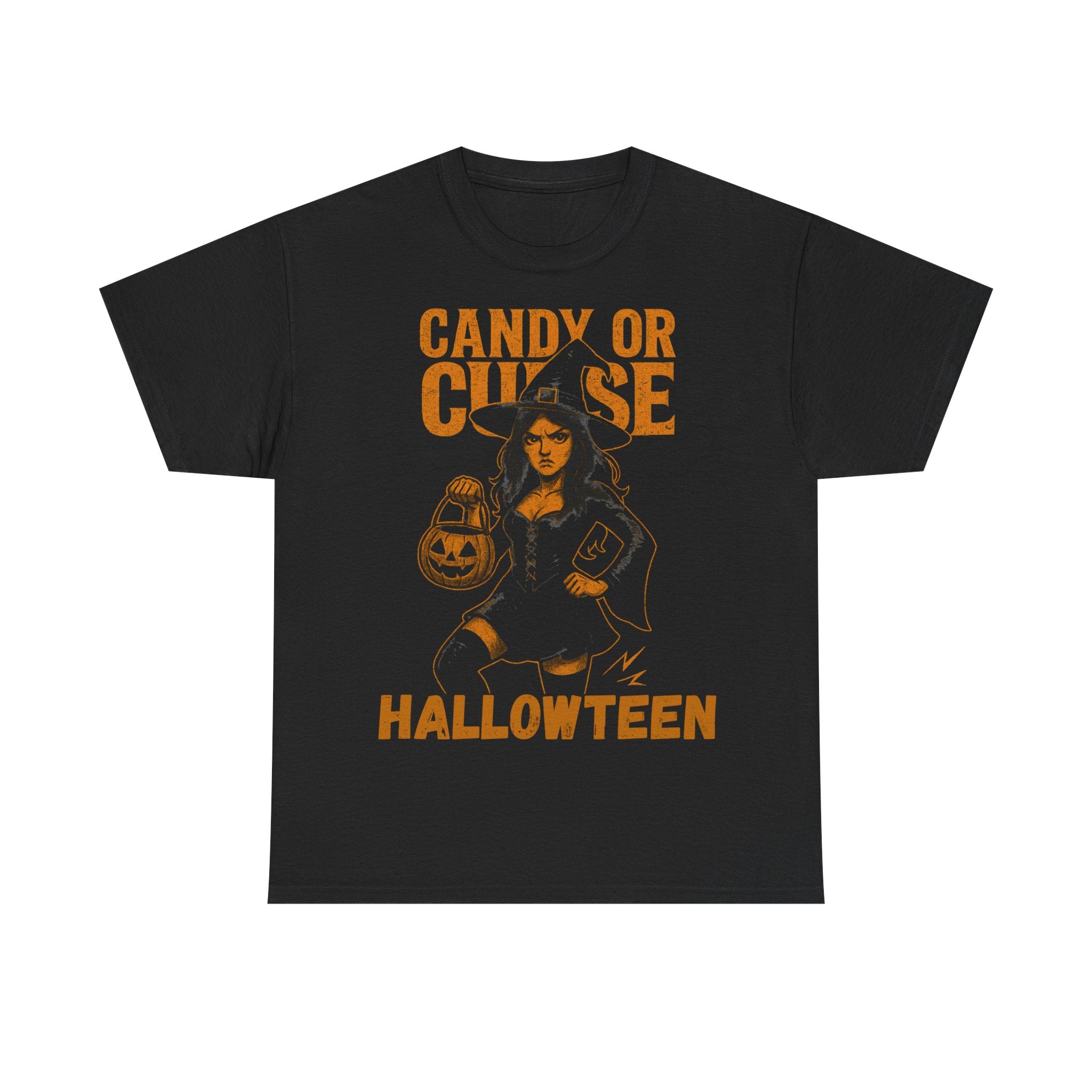Halloween Unisex Heavy Cotton Tee, Spooky Costume Shirt, Candy or Curse T-Shirt, Witch Graphic Tee, Fall Festive Apparel