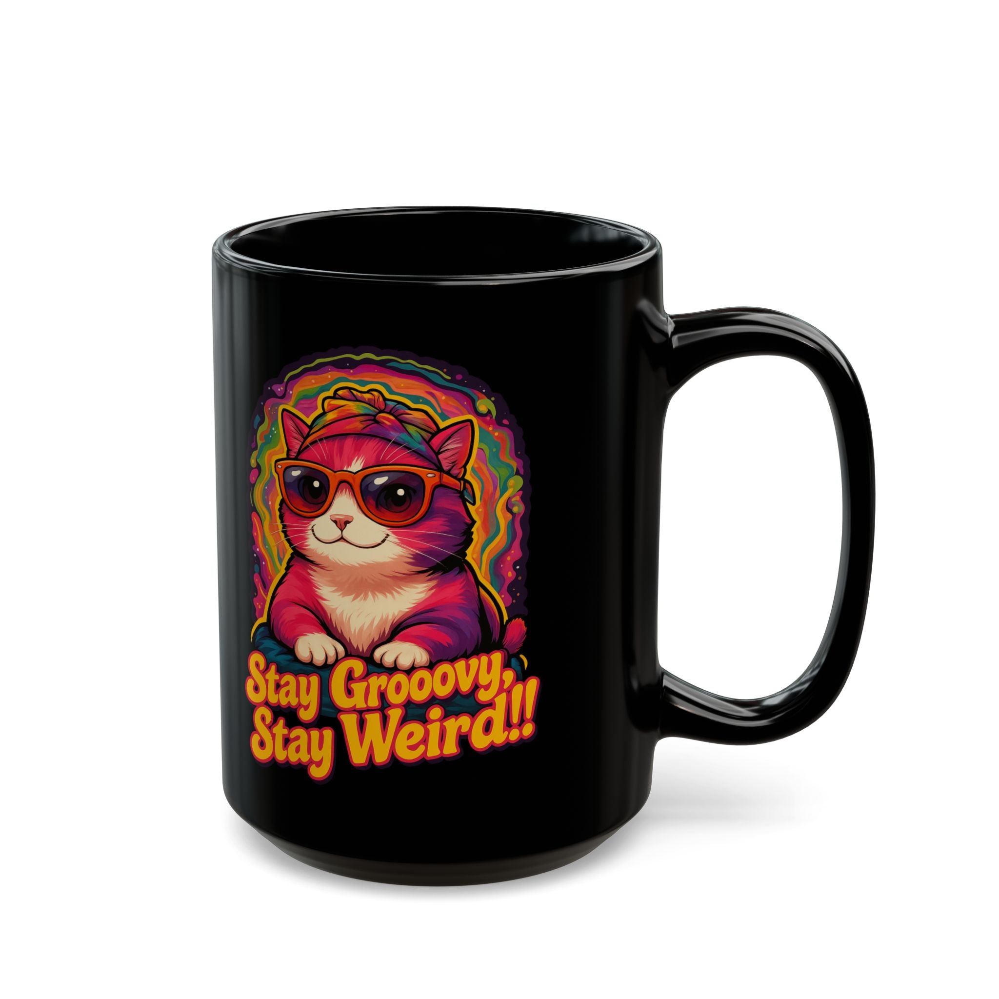Groovy Cat Mug - Stay Groovy, Stay Weird! - Fun Black Coffee Cup for Cat Lovers, Gifts, Home Decor, Kitchen Essentials