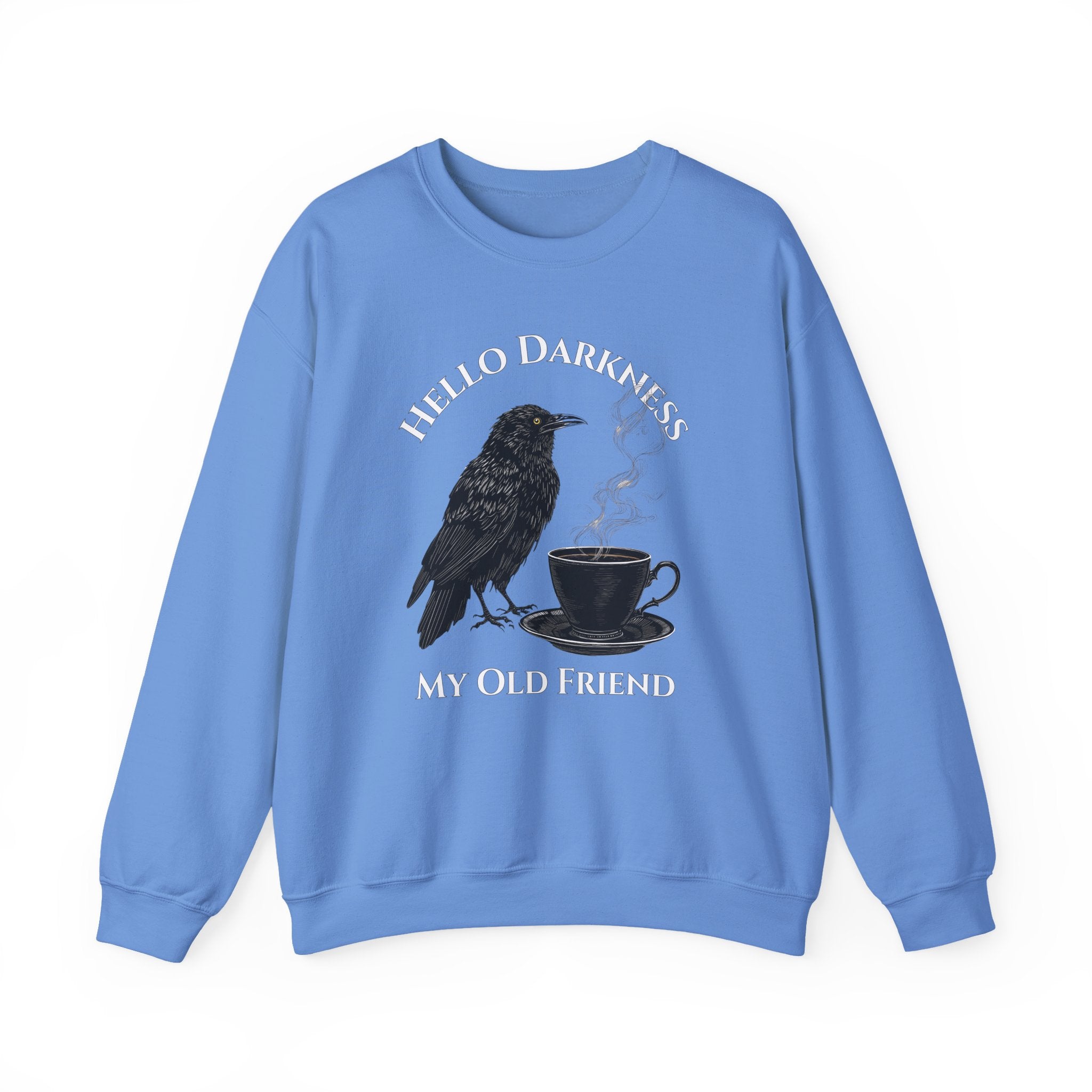 Raven Coffee Crewneck Sweatshirt — "Hello Darkness My Old Friend" Vintage Gothic Tee