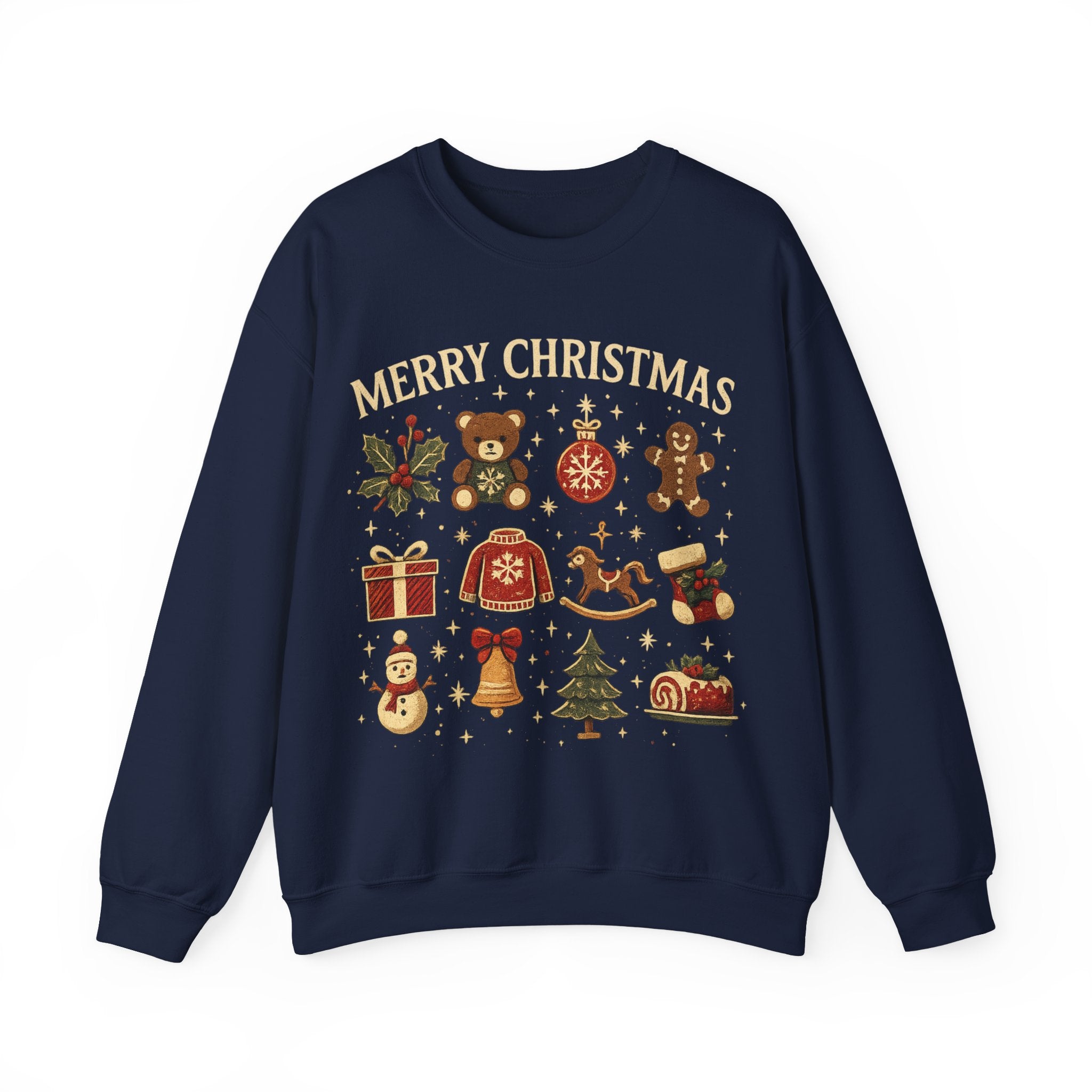 Christmas Icons Crewneck Sweatshirt — "Merry Christmas" Holiday Graphic
