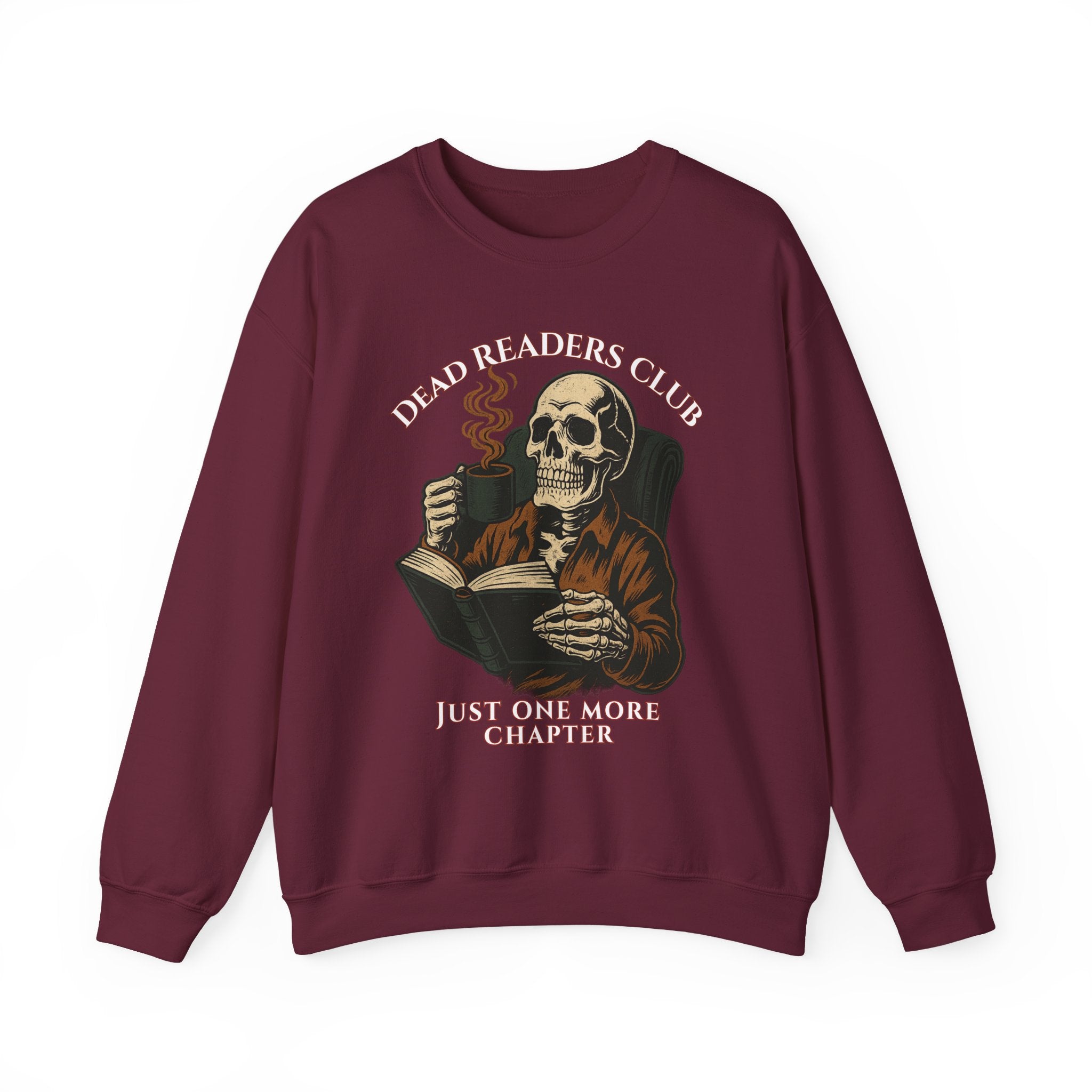 Crewneck Sweatshirt — "Dead Readers Club: Just One More Chapter" Skull Book Lover Graphic