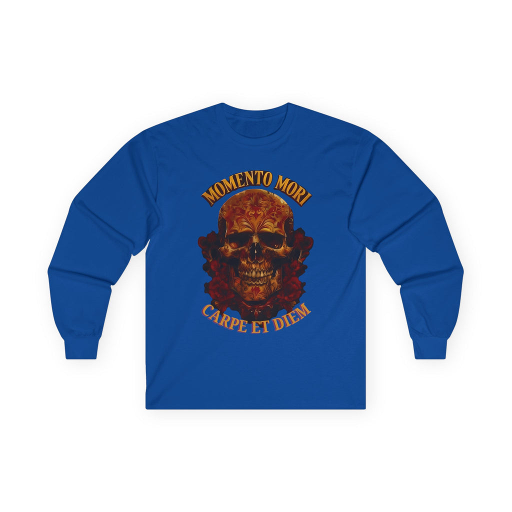 Skull Graphic Long Sleeve Tee, Momento Mori Quote Shirt, Gothic Fashion Top, Unisex Casual Wear, Halloween Apparel, Edgy Gift