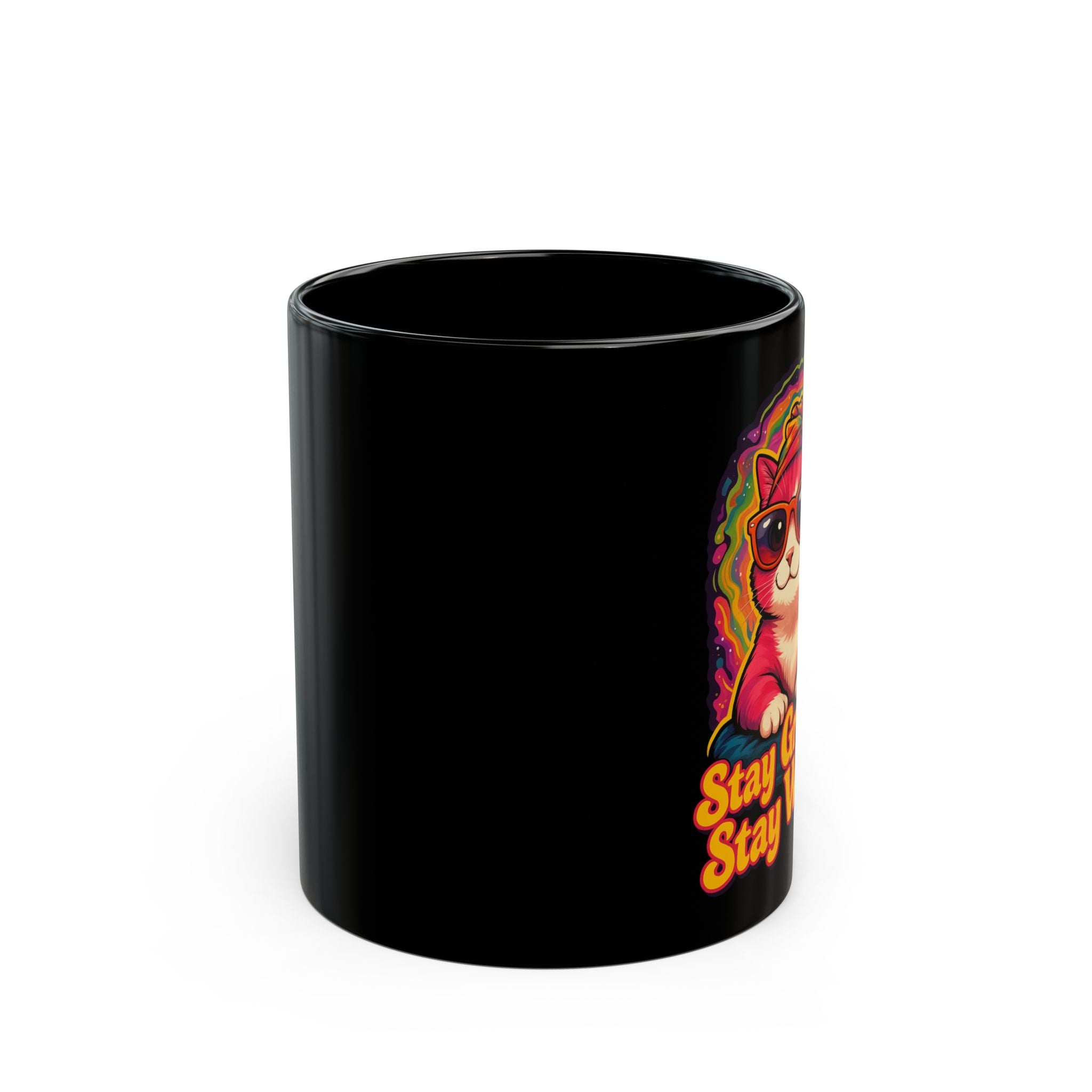 Groovy Cat Mug - Stay Groovy, Stay Weird! - Fun Black Coffee Cup for Cat Lovers, Gifts, Home Decor, Kitchen Essentials